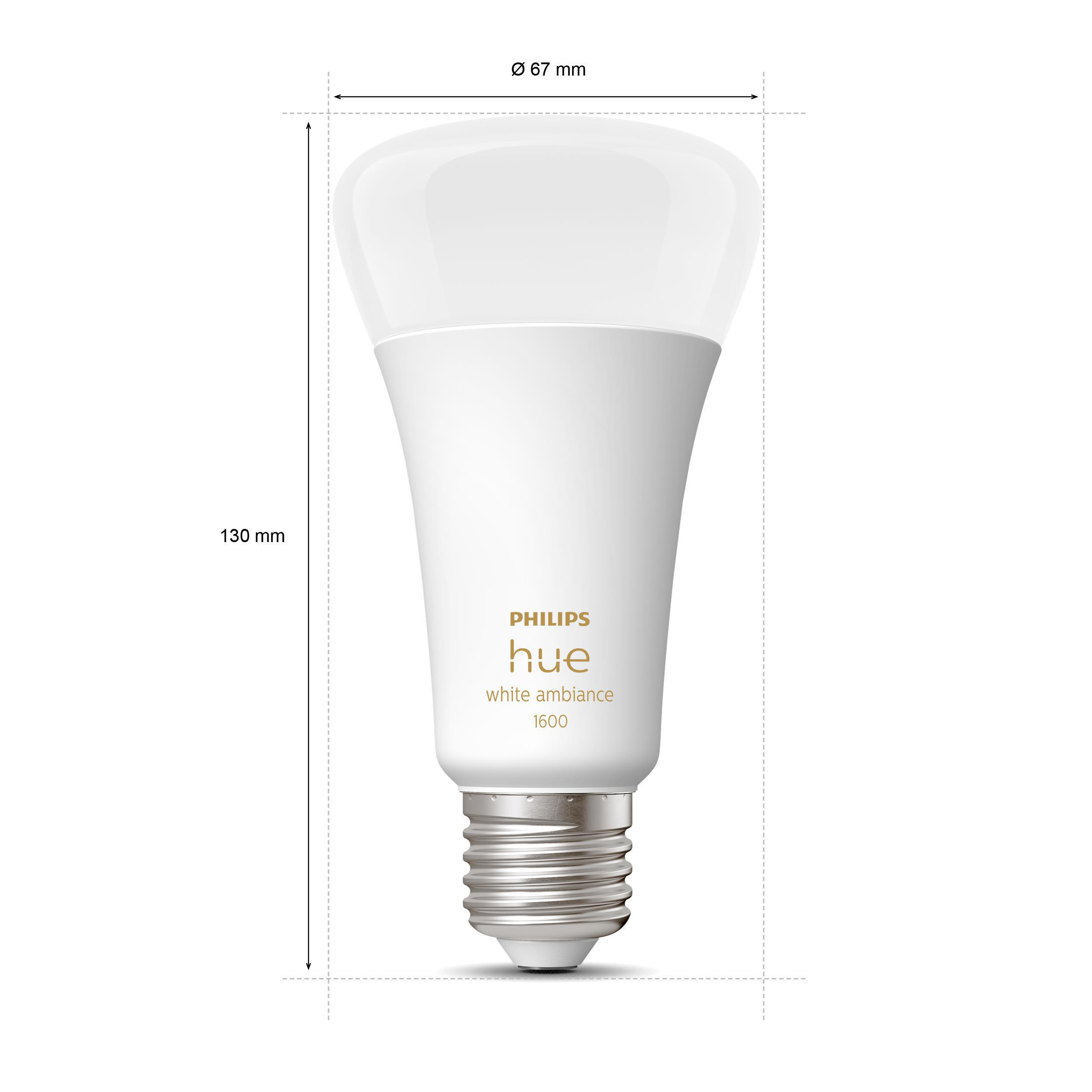 Weiße Philips Hue Smart-Glühbirne mit angegebenen Maßen. Sie ist zylindrisch und weiß.
