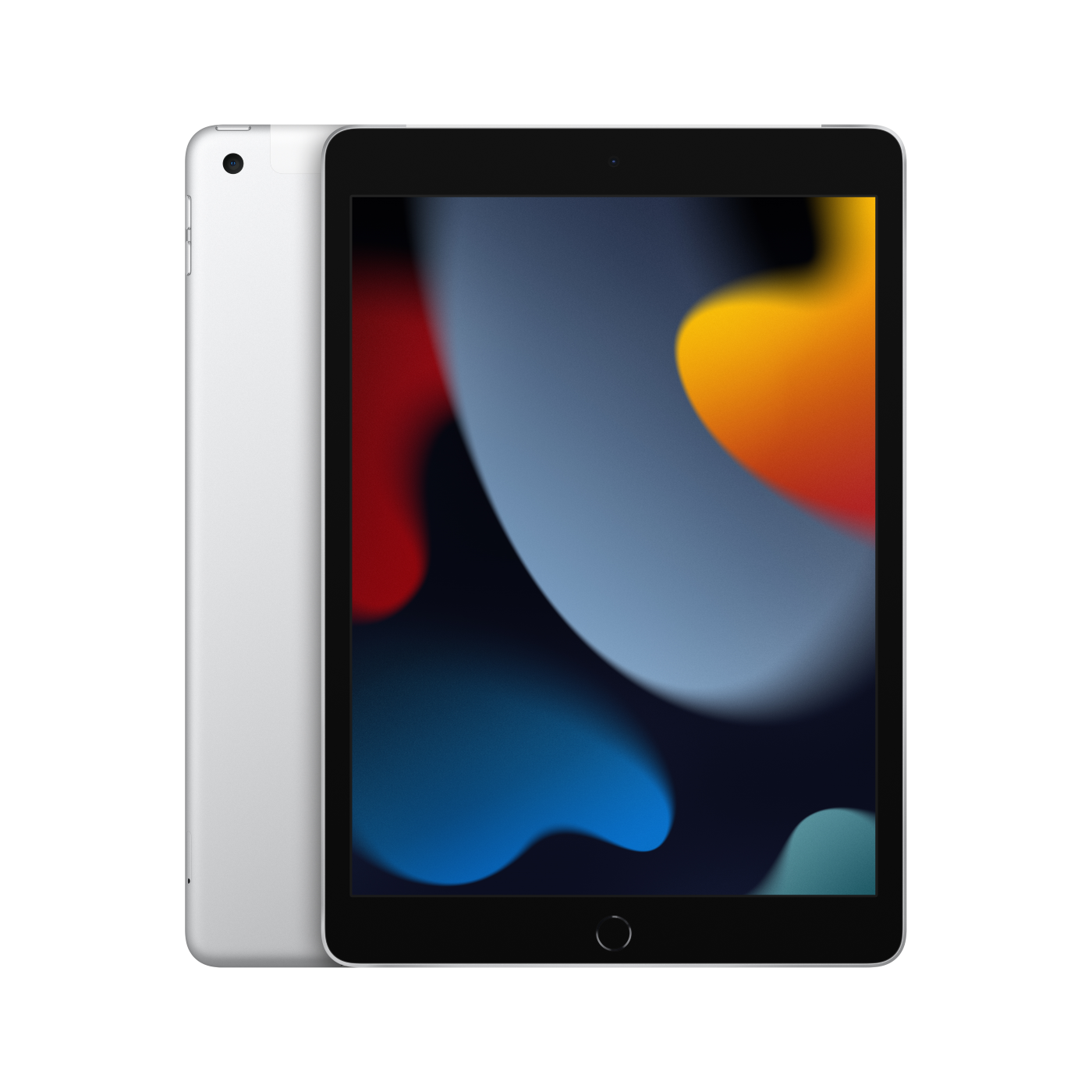 Siyah ekranlı ve renkli soyut bir duvar kağıdına sahip gümüş bir iPad.