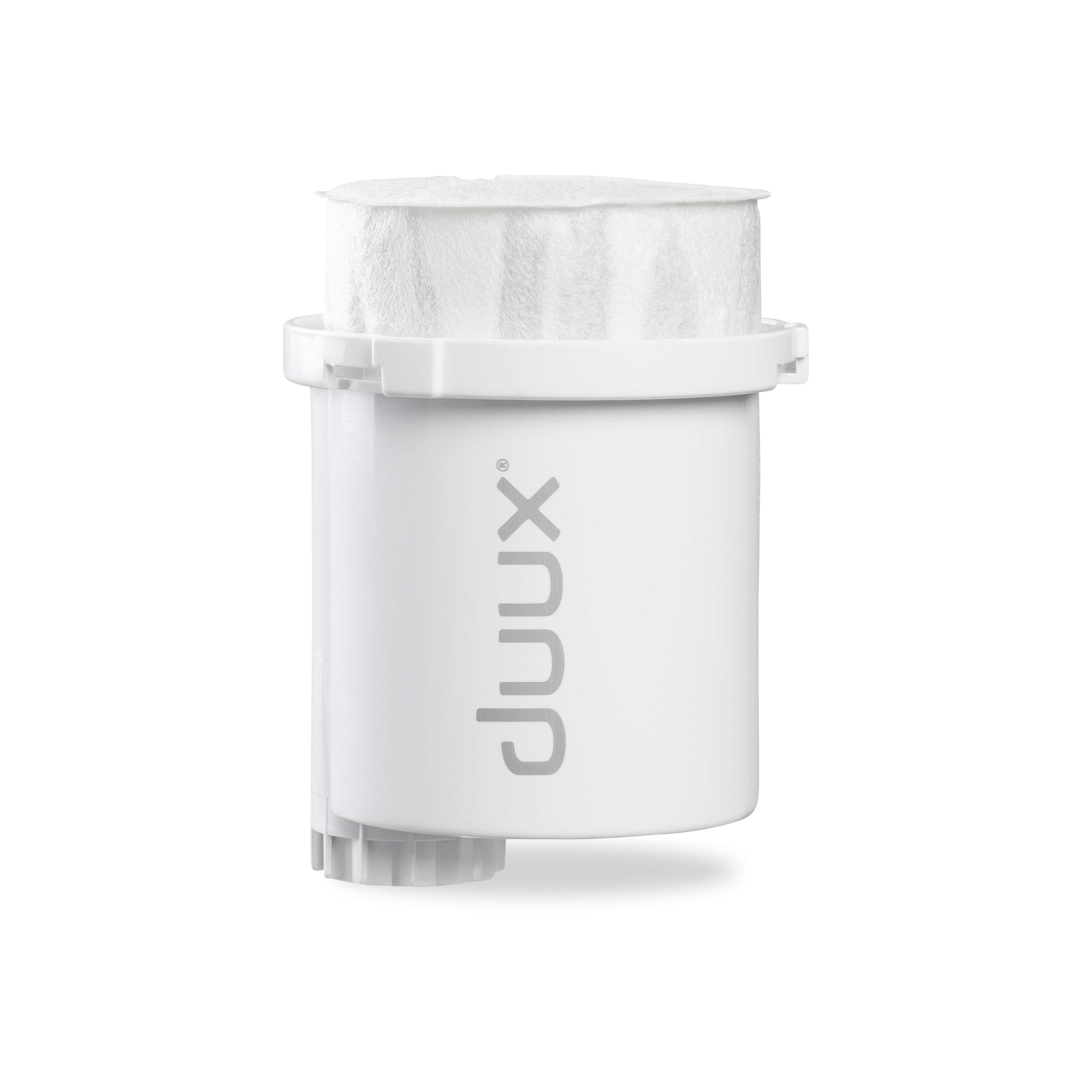 Weiße und silberne Wasserfilterpatrone mit Duux-Logo.