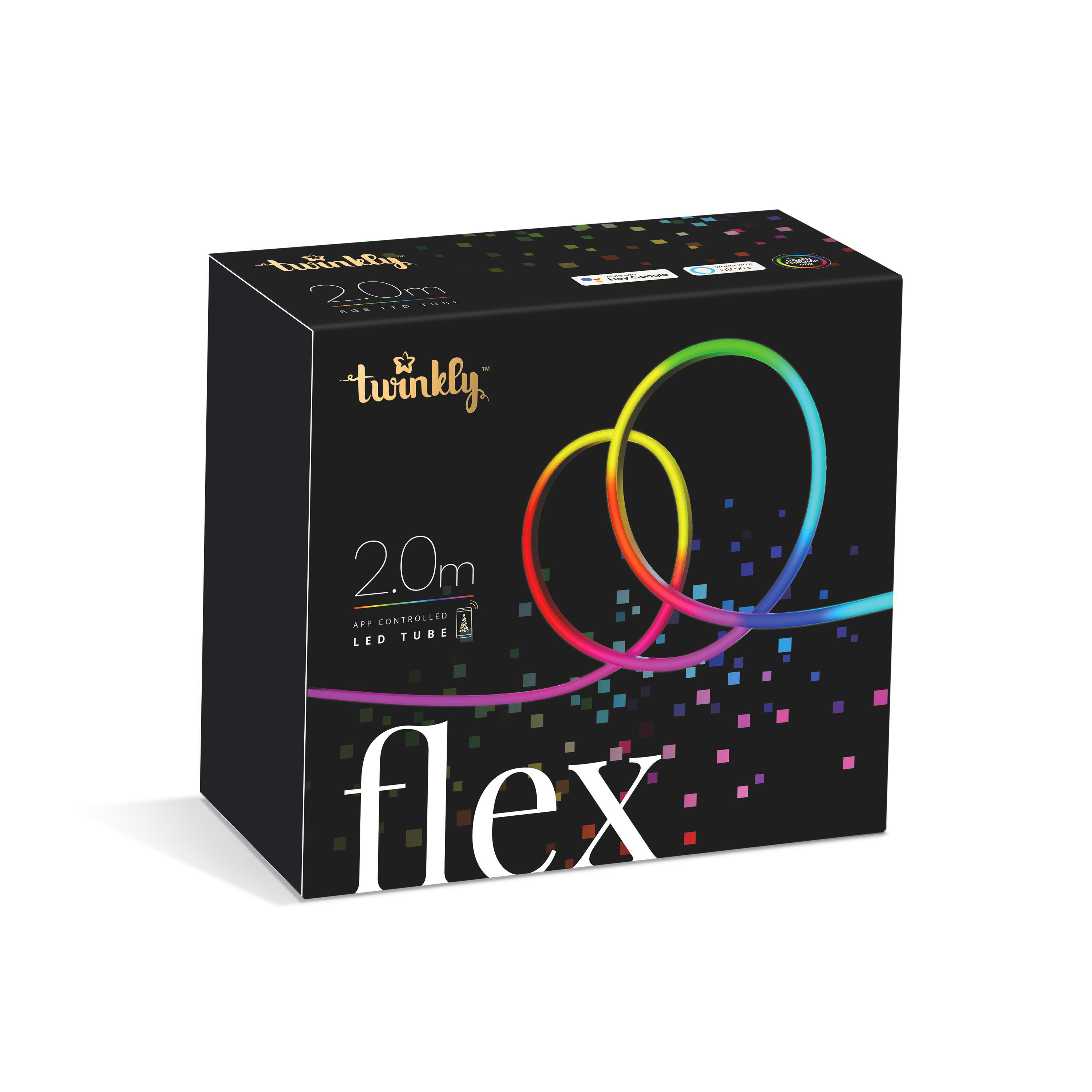 Schwarze Box mit Twinkly Flex LED-Schlauchlichtern. Buntes, geschwungenes Lichtdesign auf der Box.