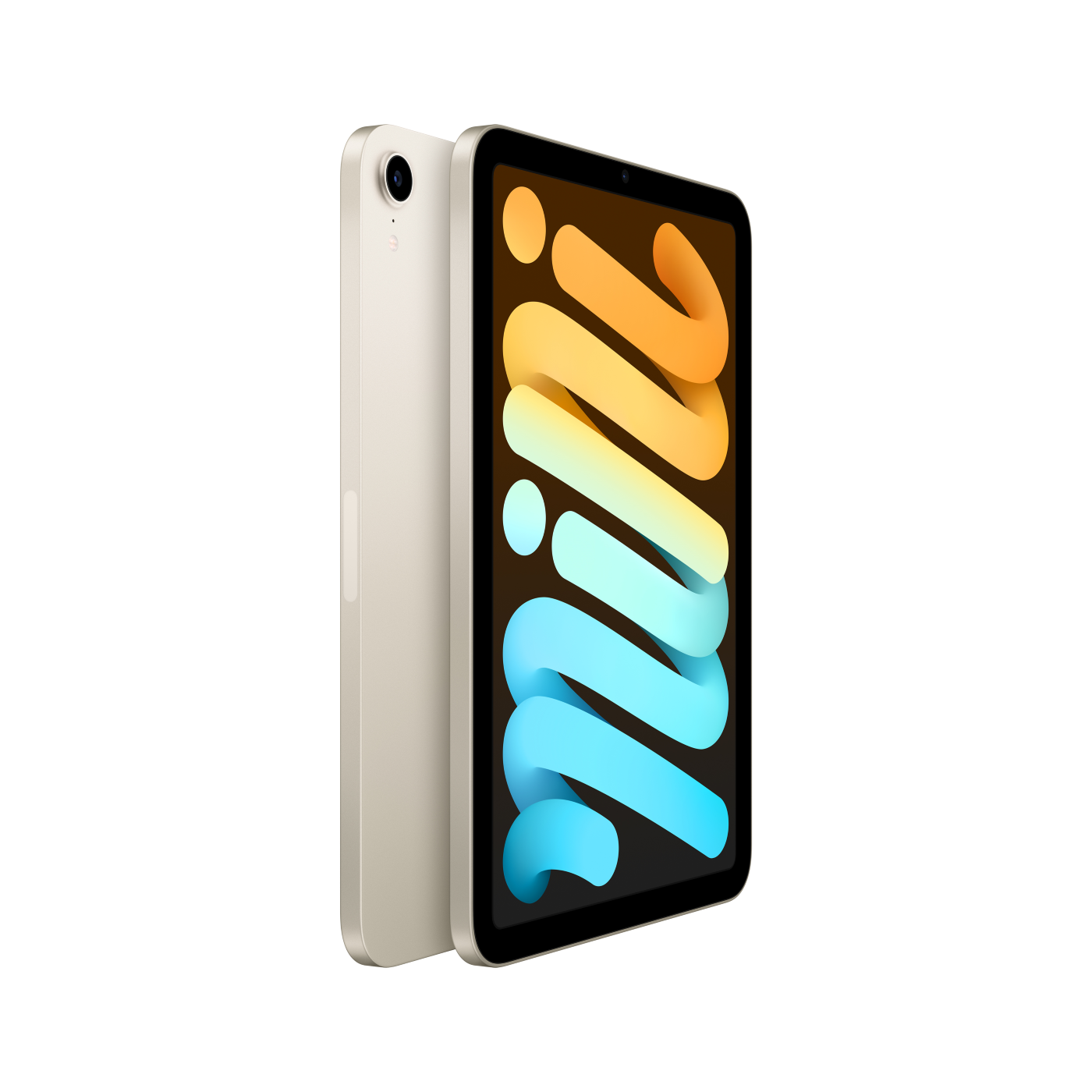 Cihazın her iki tarafını gösteren, yan yana bir pozda açık renkli bir iPad Mini.