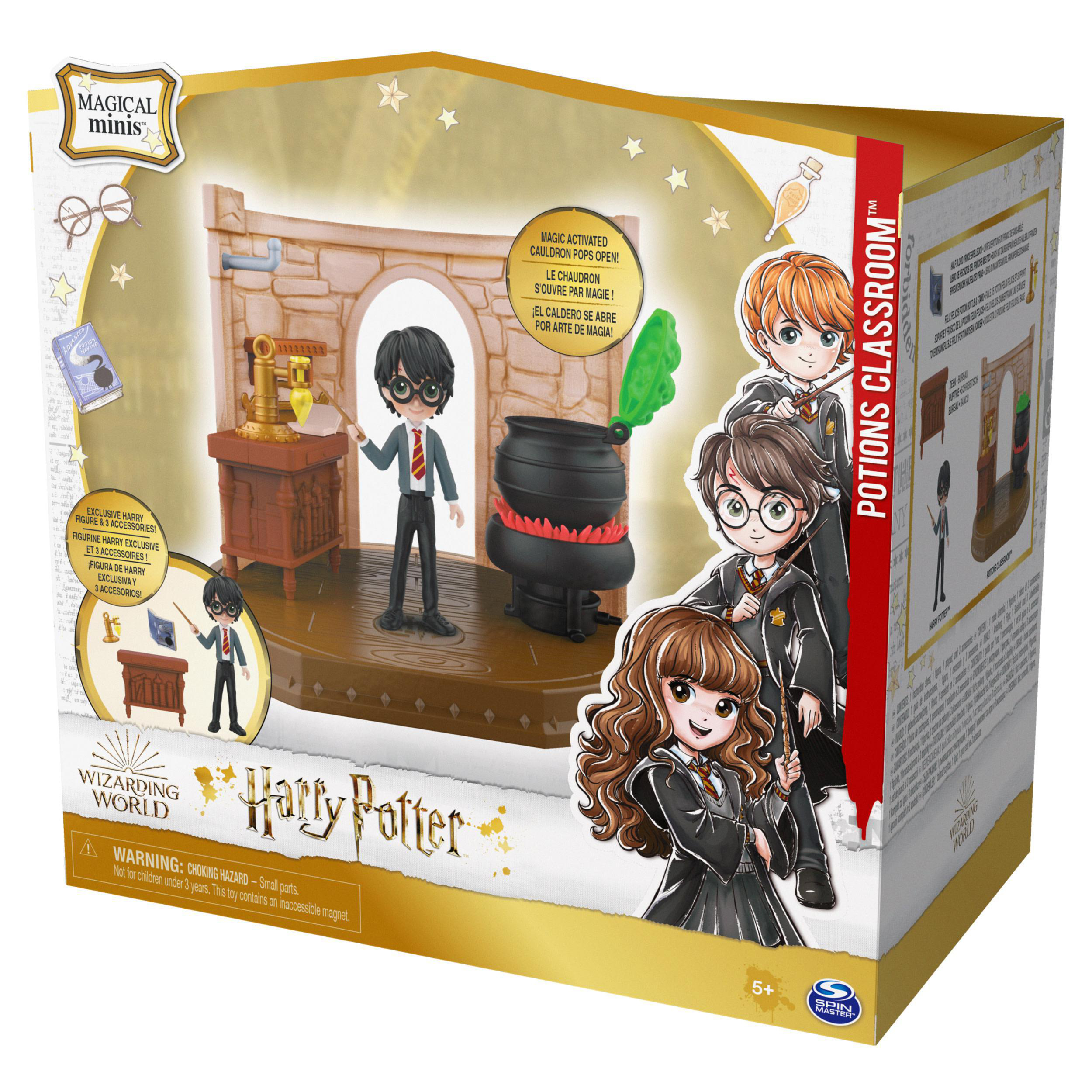 Eine Harry Potter Spielzeugkiste mit mehreren Charakteren und dem Hogwarts-Klassenzimmer.