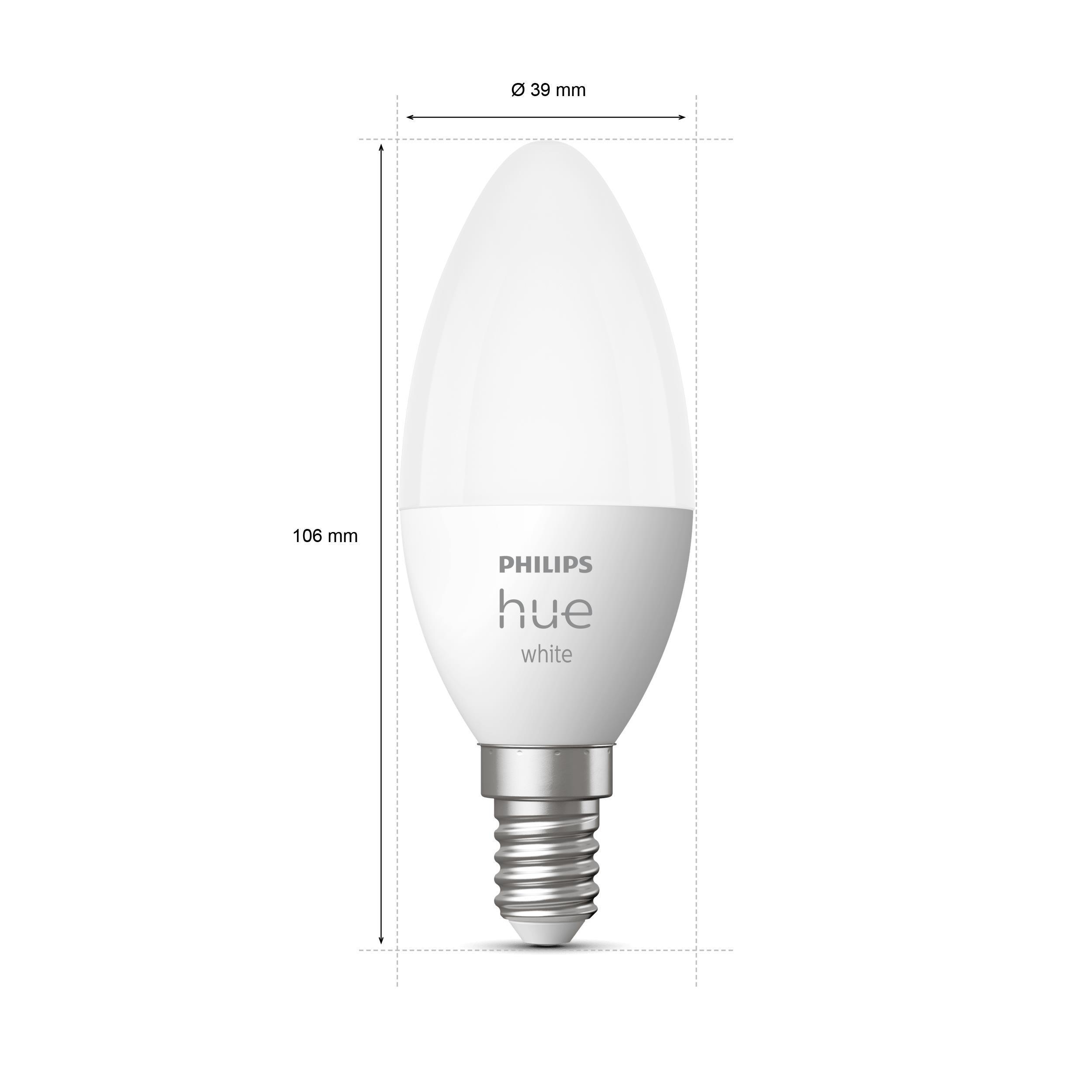 Philips Hue weiße Glühbirne mit angezeigten Abmessungen, weißer Hintergrund.