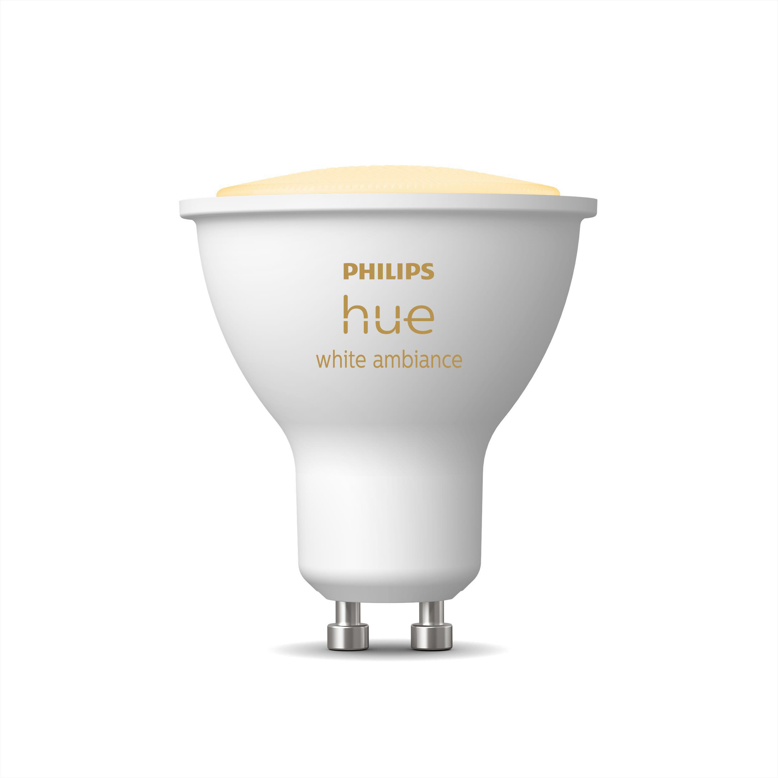Weiße Philips Hue Smart-Glühbirne mit gelber Lichtquelle.