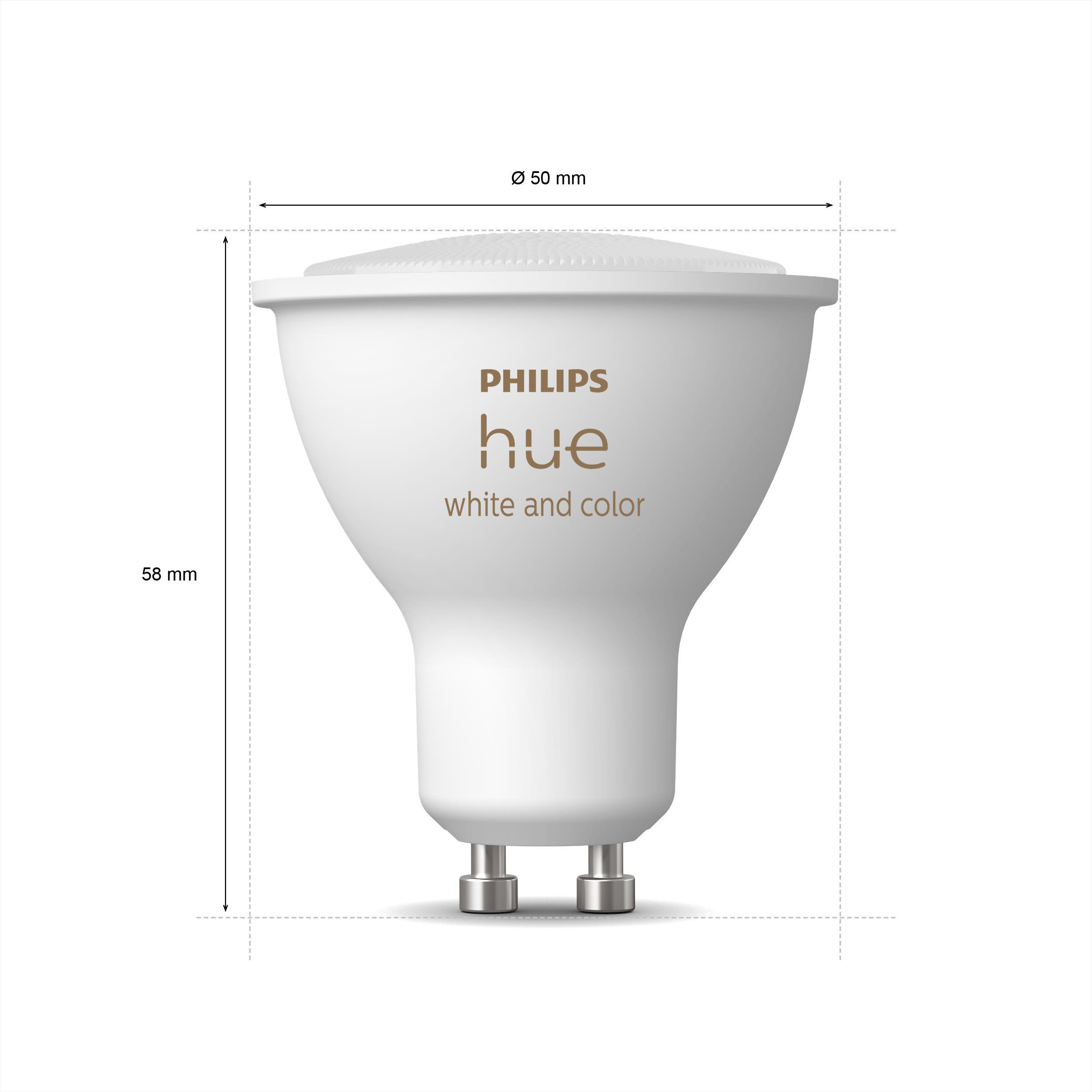 Philips Hue weiße und farbige Smart-Glühbirne mit Abmessungen.