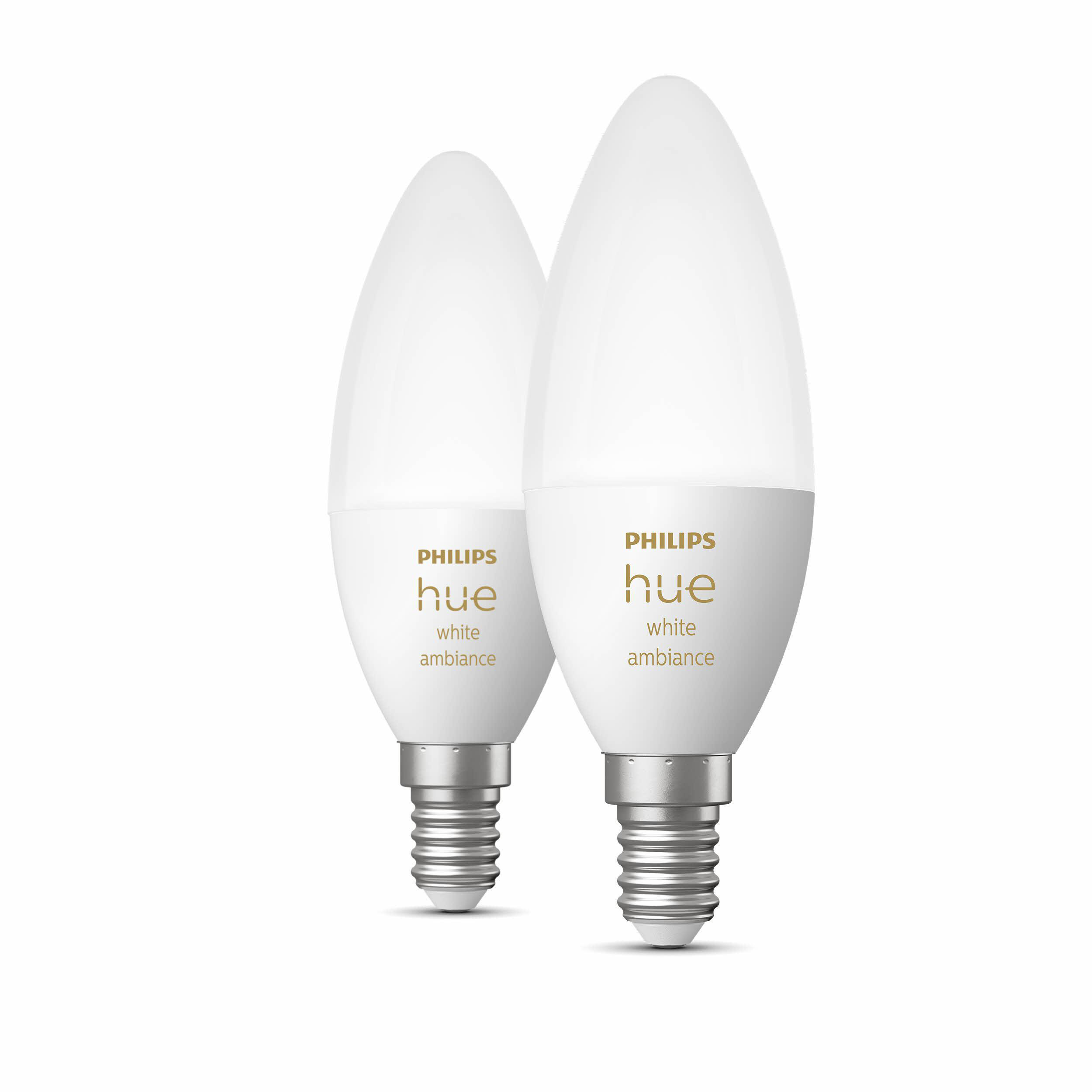 Zwei weiße Philips Hue-Glühbirnen im Edison-Stil.