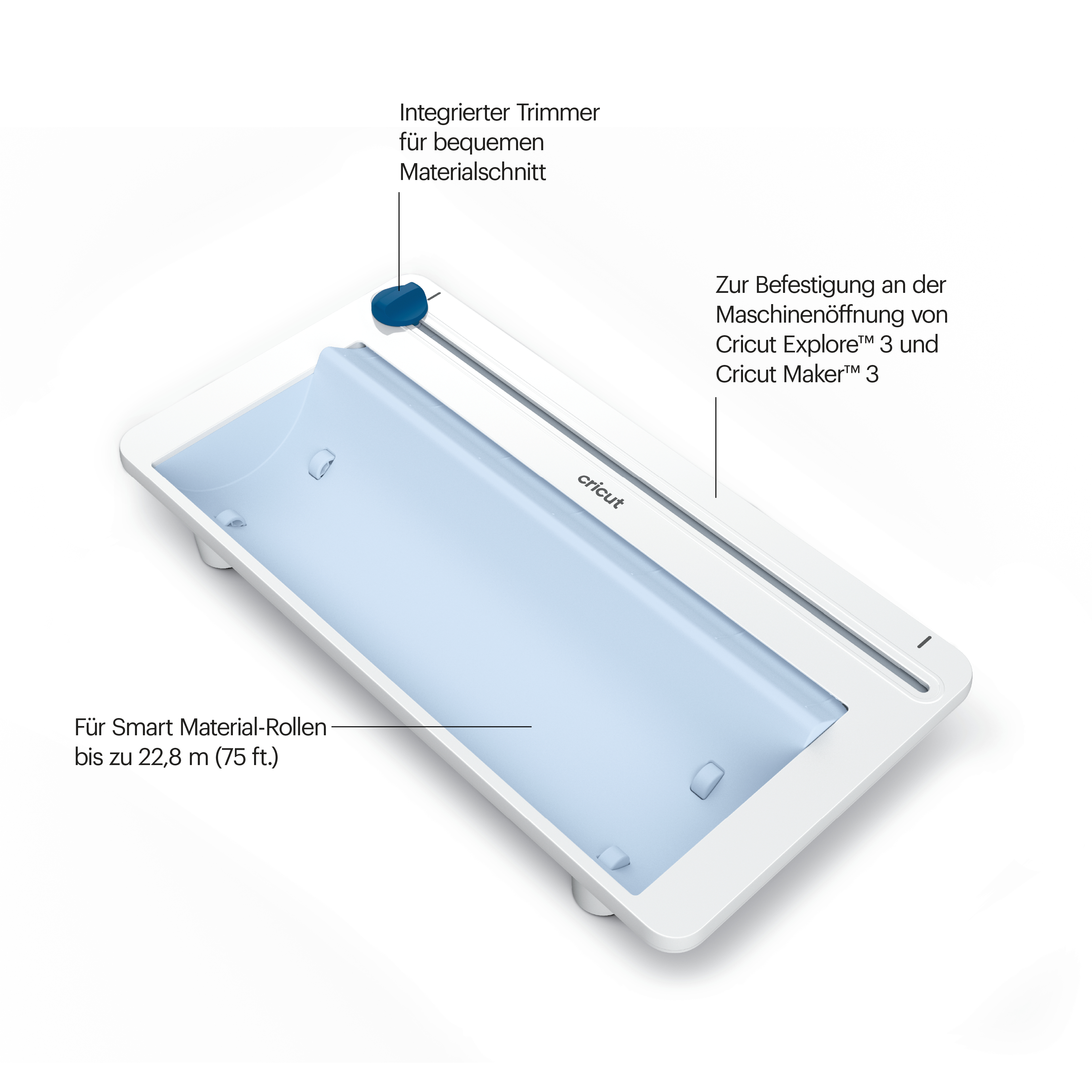 Weißer Cricut-Trimmer mit blauem Schneidemechanismus. Er hat eine blaue Innenausstattung und ist für Smart Material-Rollen konzipiert.