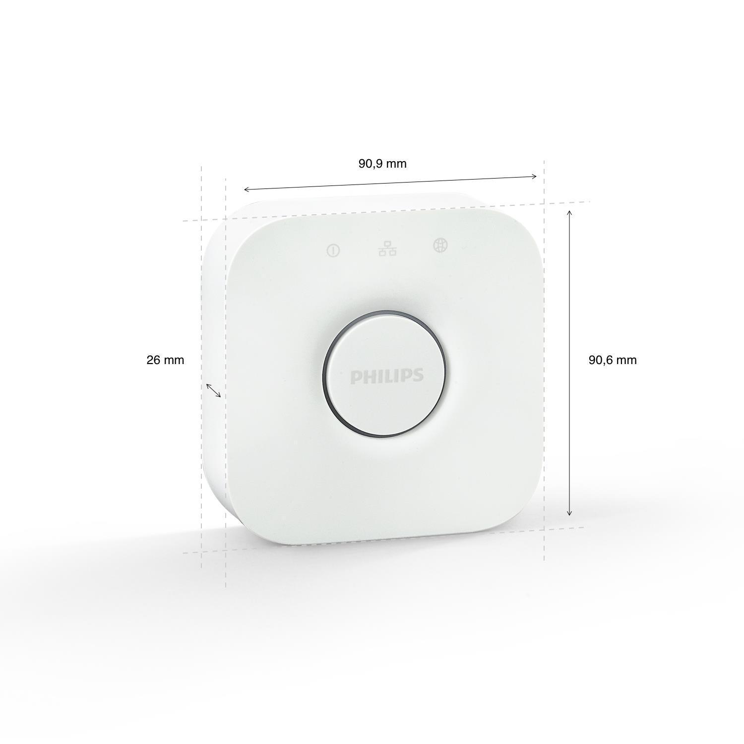 Eine weiße Philips Hue Bridge mit angezeigten Abmessungen.