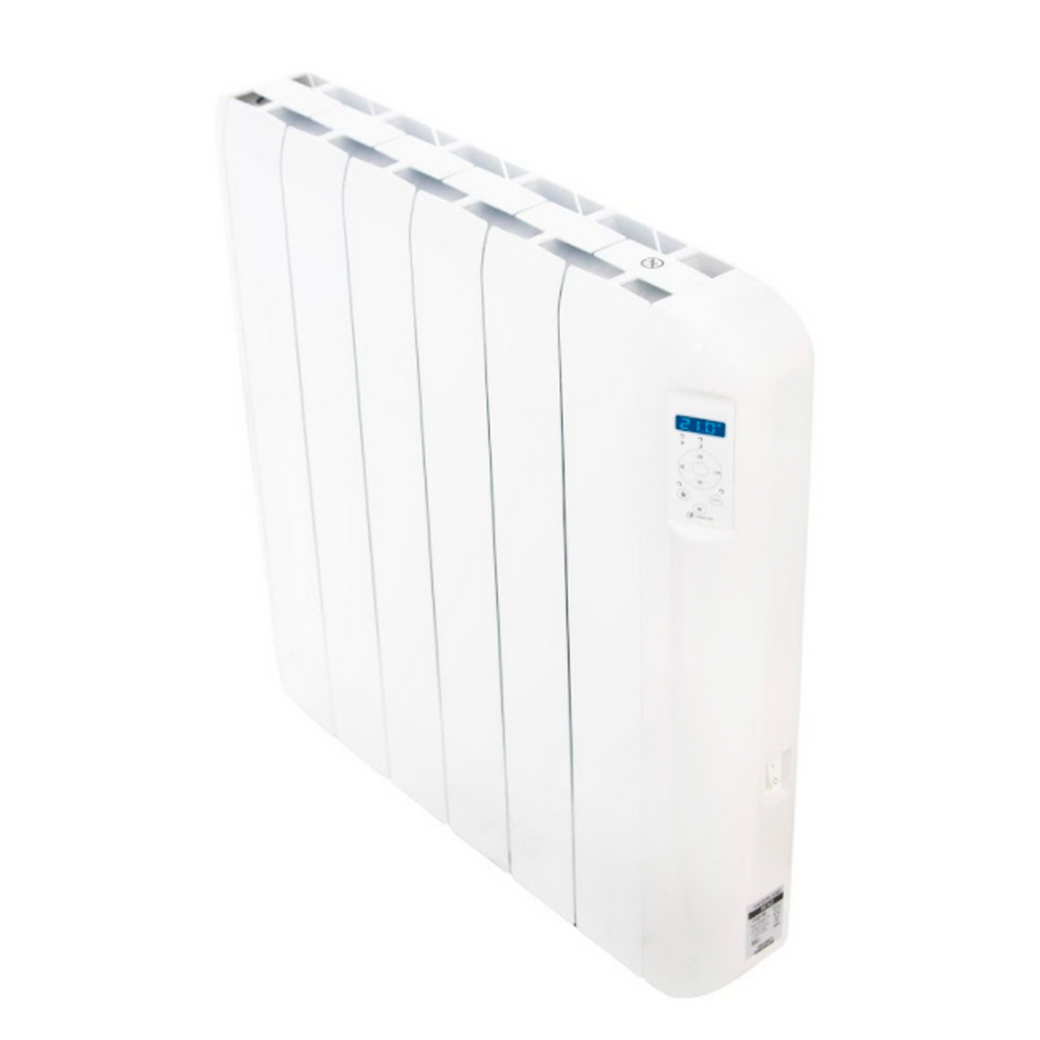 Radiador eléctrico blanco, mostrando la temperatura en una pantalla digital.