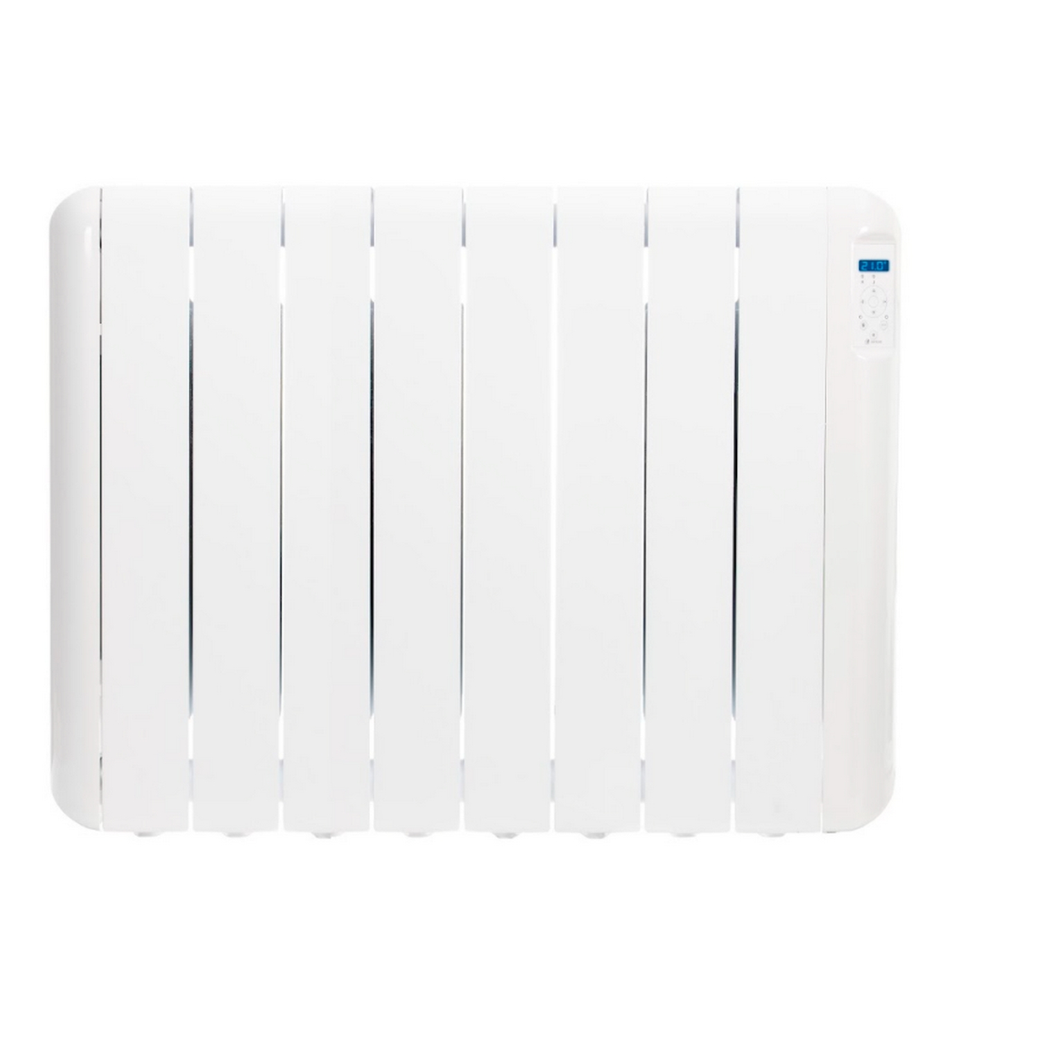 Radiador eléctrico blanco sobre un fondo blanco.
