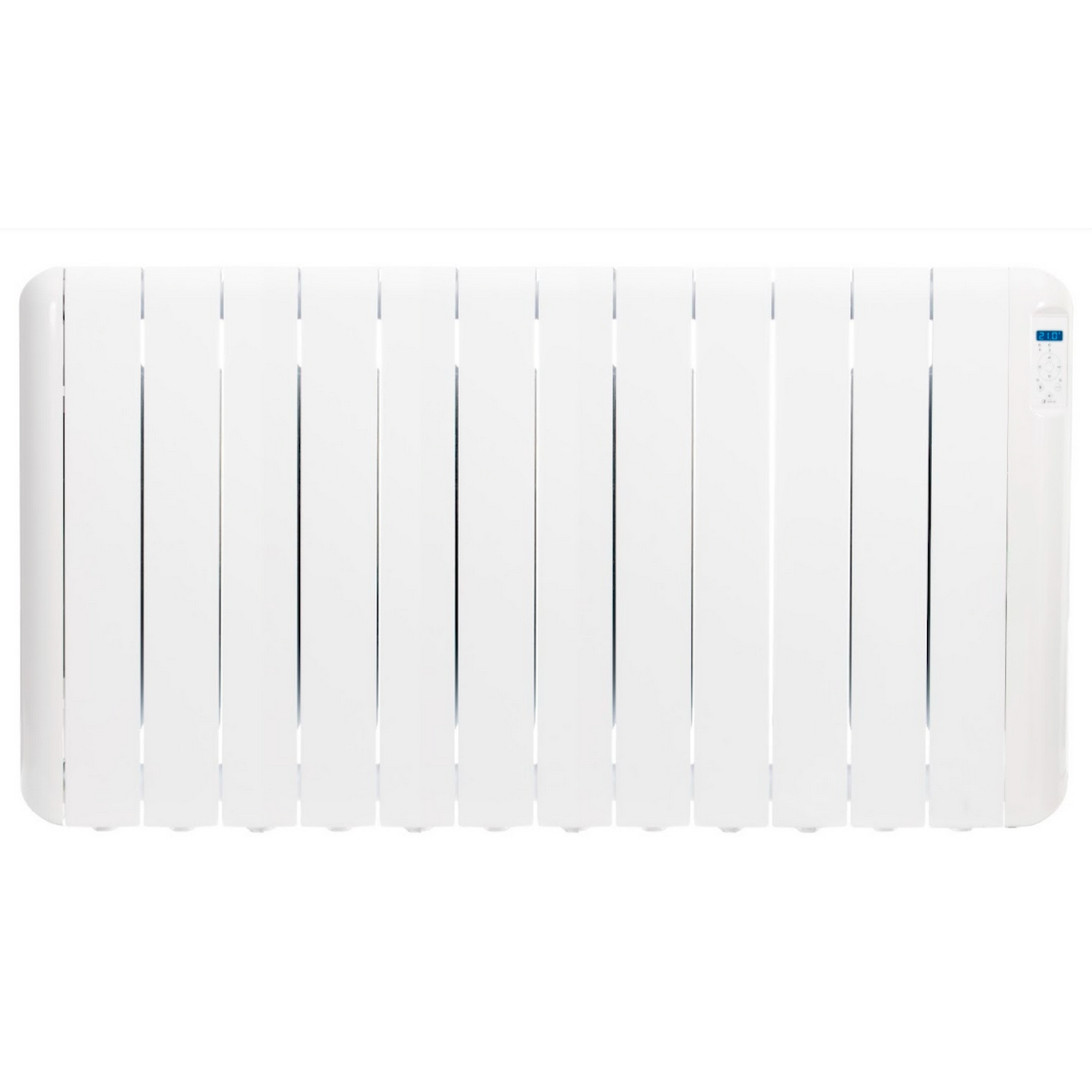 Un radiador eléctrico blanco con barras verticales, aislado sobre un fondo blanco.