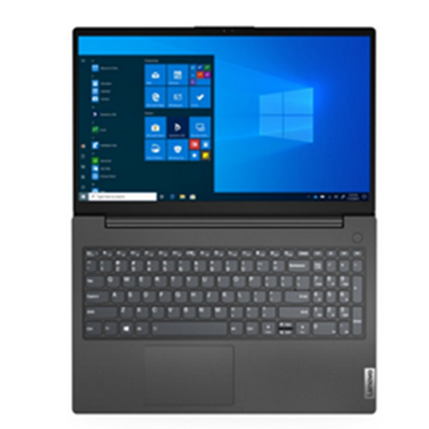 Un portátil Lenovo plateado con un teclado negro y una pantalla azul que muestra una interfaz de Windows.