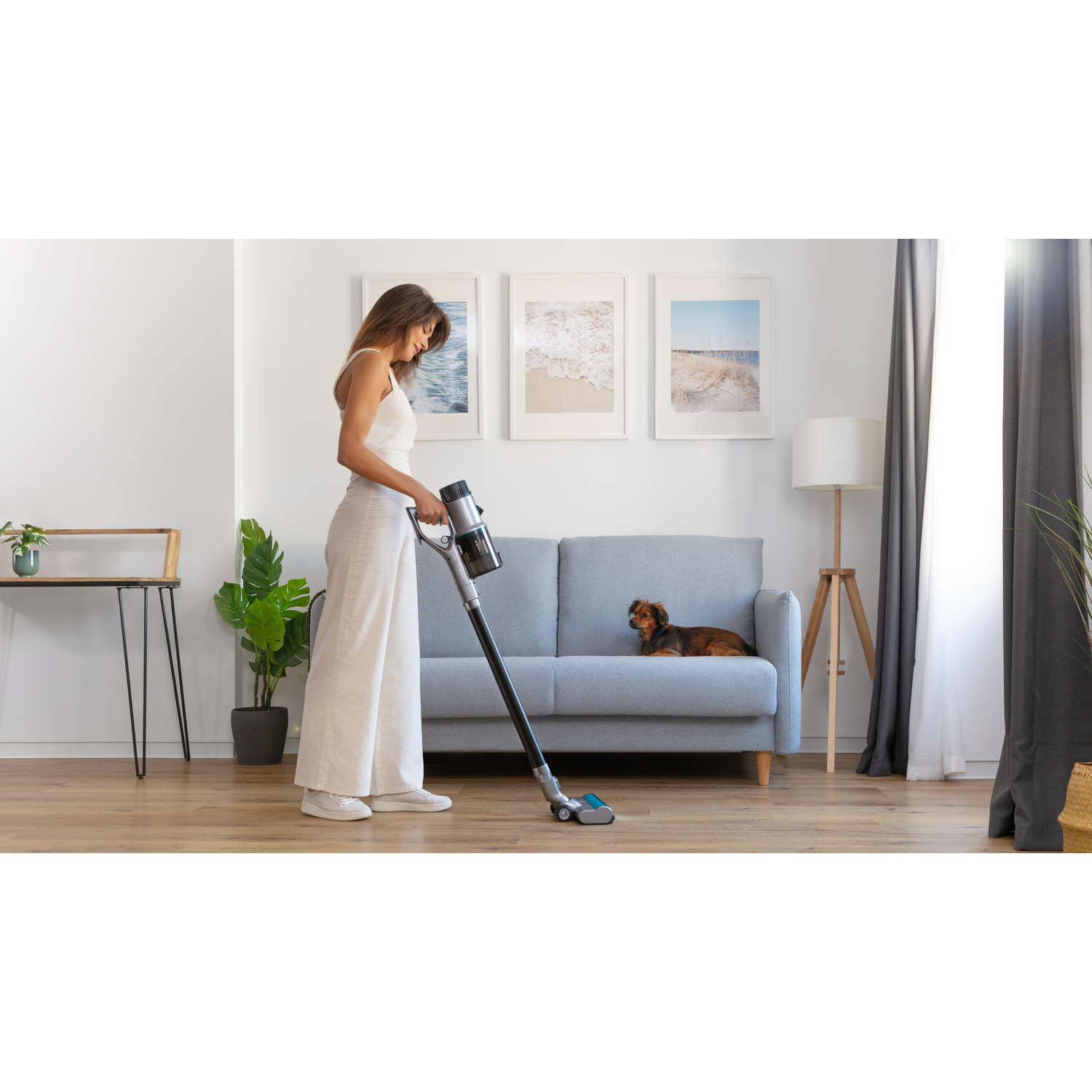 Mujer aspirando una habitación. Un perro está en el sofá y cuadros en la pared.