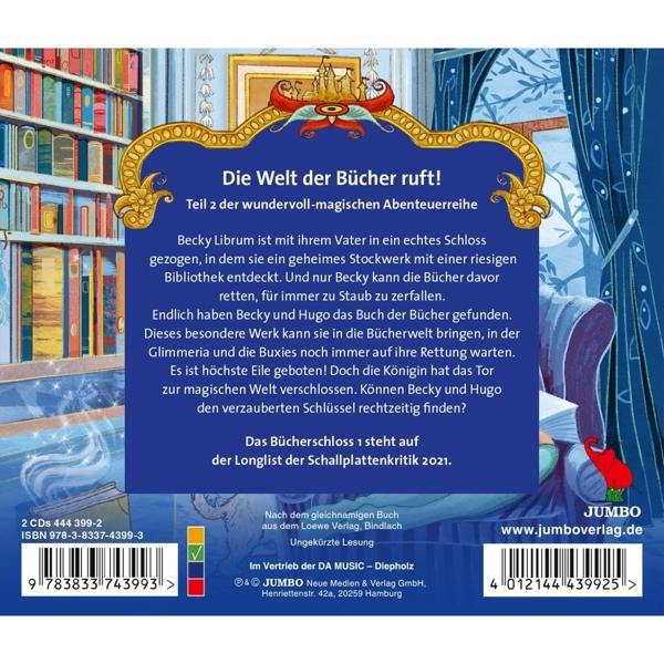 Buchcover mit Text. Titel: Die Welt der Bücher ruft!. Illustration eines Schlosses und eines Buches.
