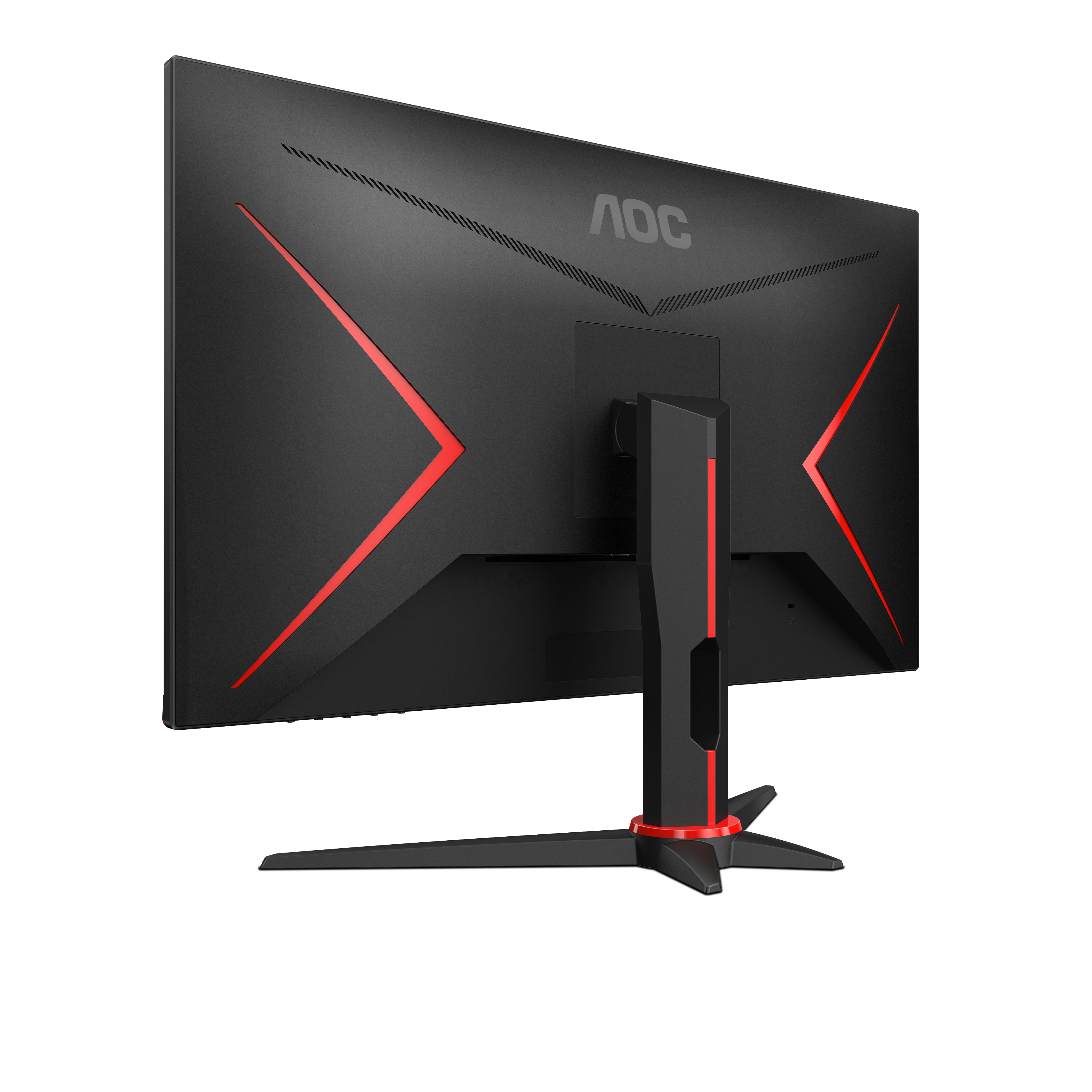 AOC Gaming-Monitor, Rückansicht, schwarz mit roten Akzenten, auf einem Ständer.