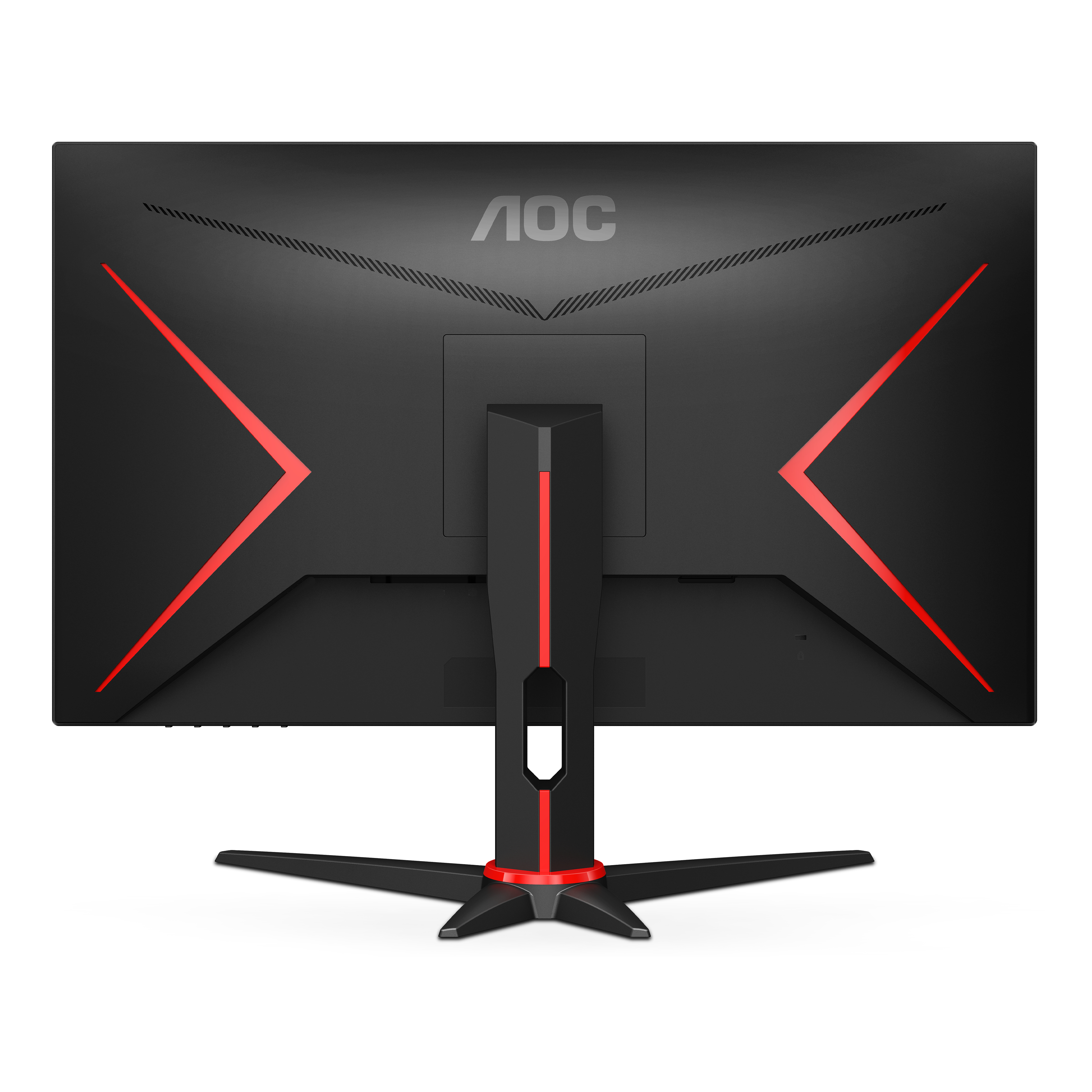 Rückansicht eines schwarzen Computermonitors mit roten Akzenten, das AOC-Logo oben und ein Ständer.