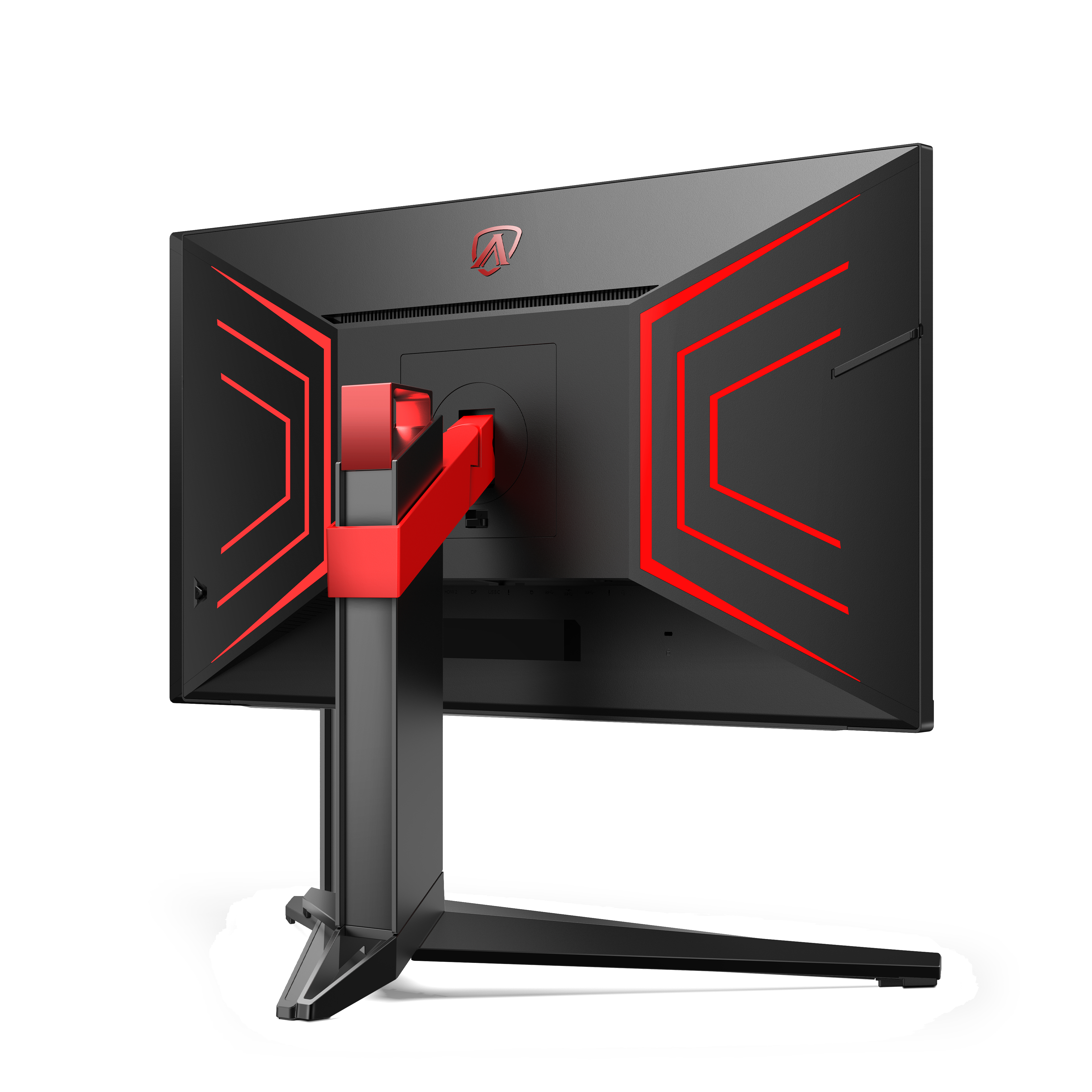 Schwarzer Gaming-Monitor mit roten Akzenten auf der Rückseite, rotem Ständer und weißem Hintergrund. Er ist nach rechts abgewinkelt.