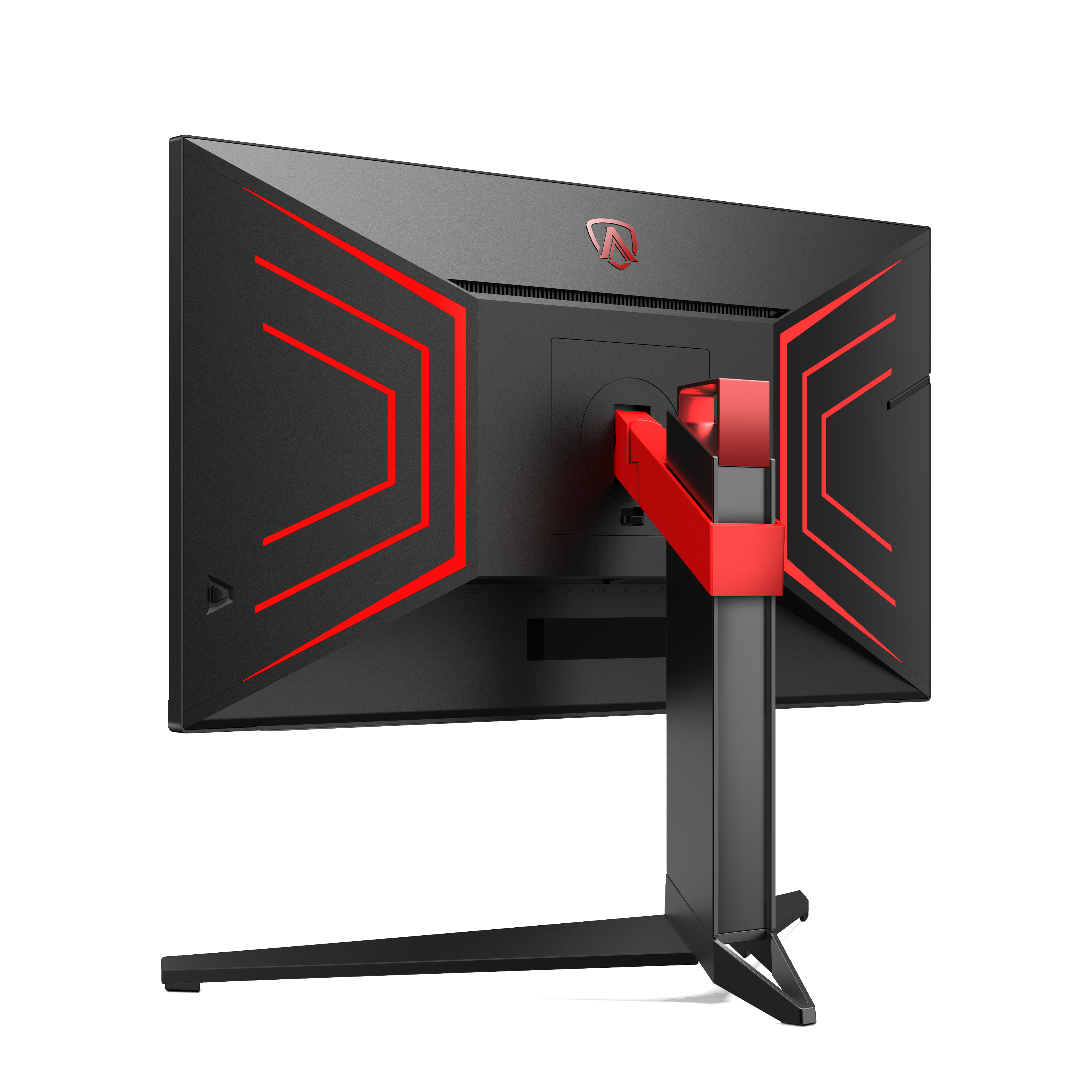 Rückansicht eines schwarzen Gaming-Monitors mit roten Akzenten. Ein roter Ständer stützt ihn ab. Weißer Hintergrund.