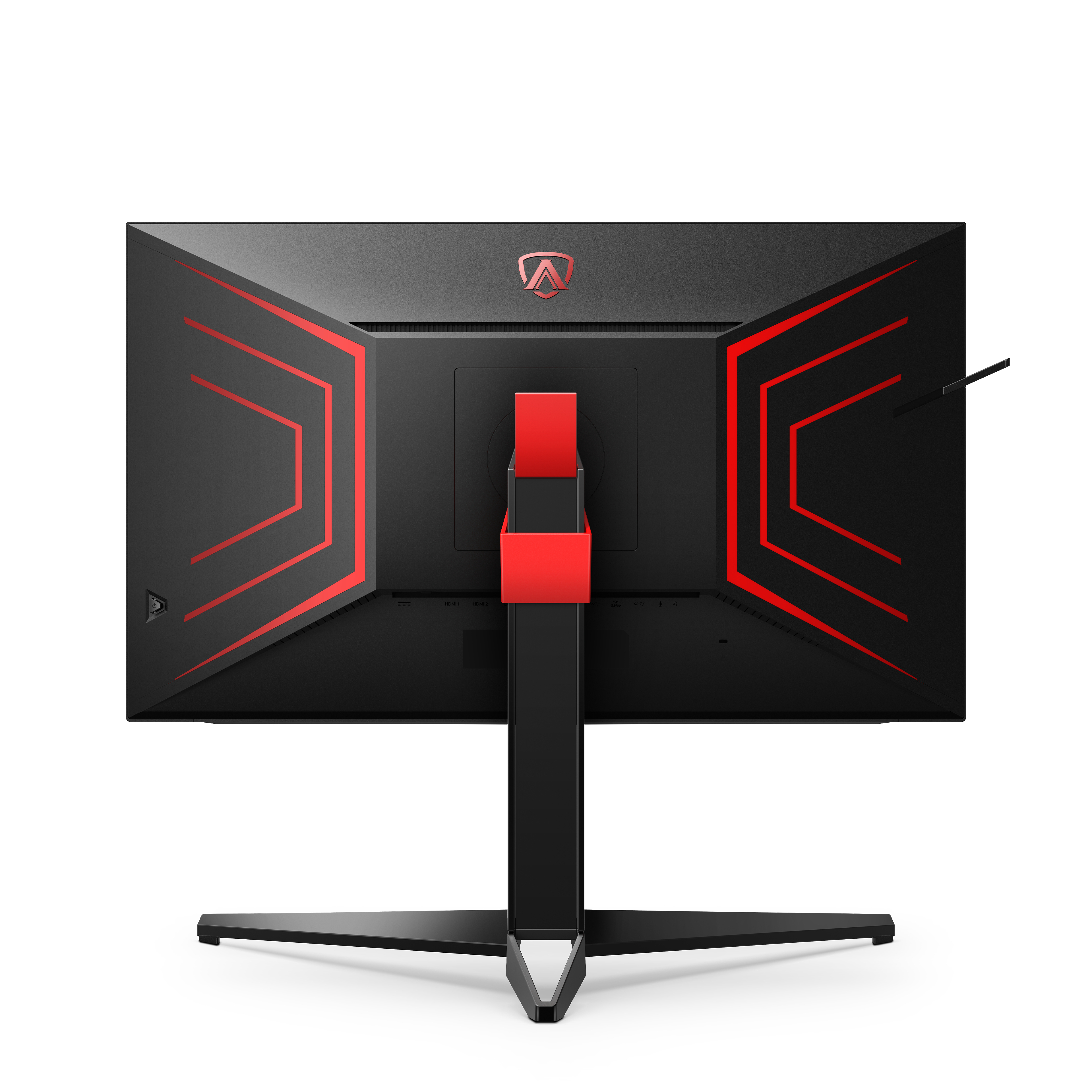 Rückansicht eines schwarz-roten Gaming-Monitors mit Ständer auf weißem Hintergrund.
