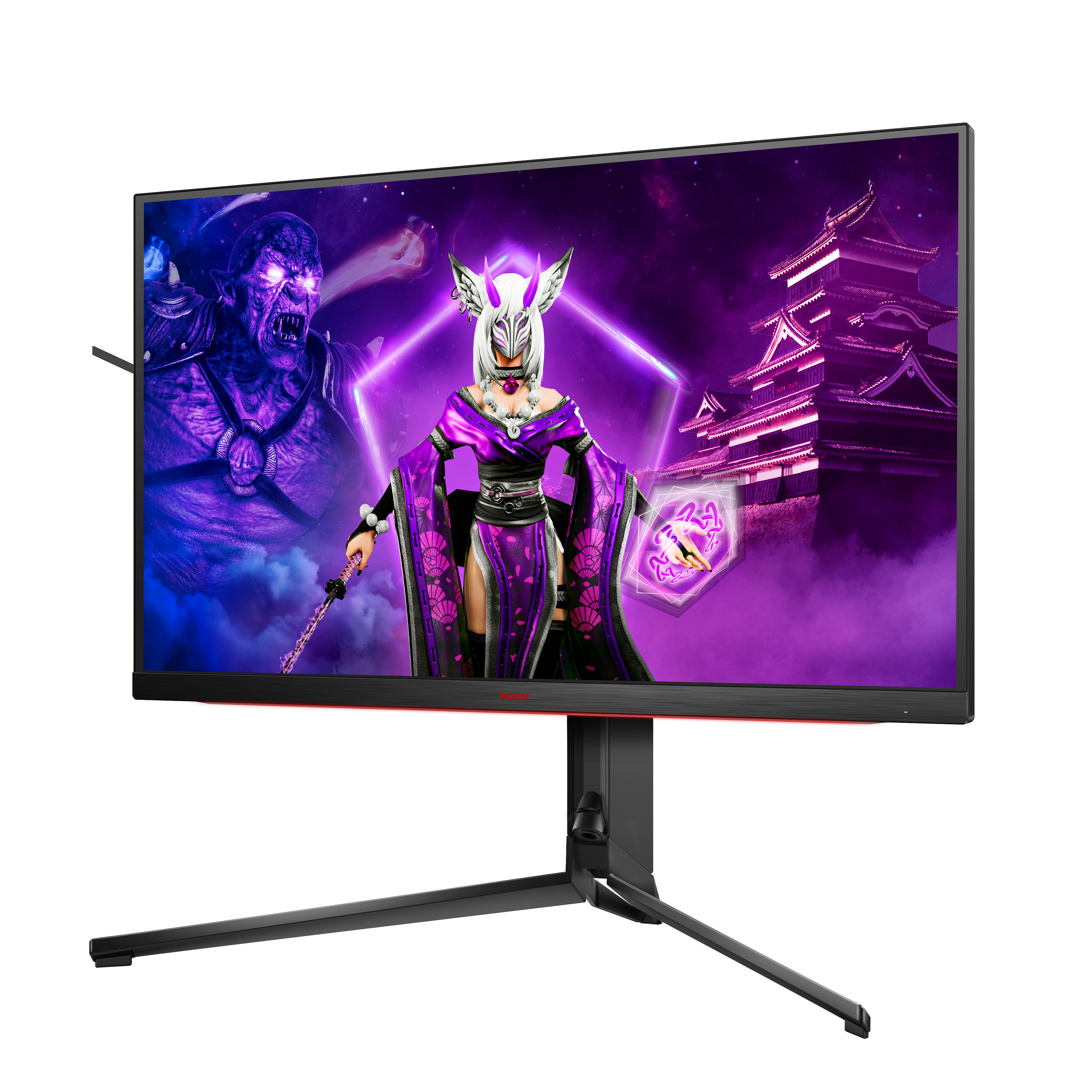 Ein gekrümmter Gaming-Monitor, der eine Fantasieszene mit Krieger und Gebäuden anzeigt.