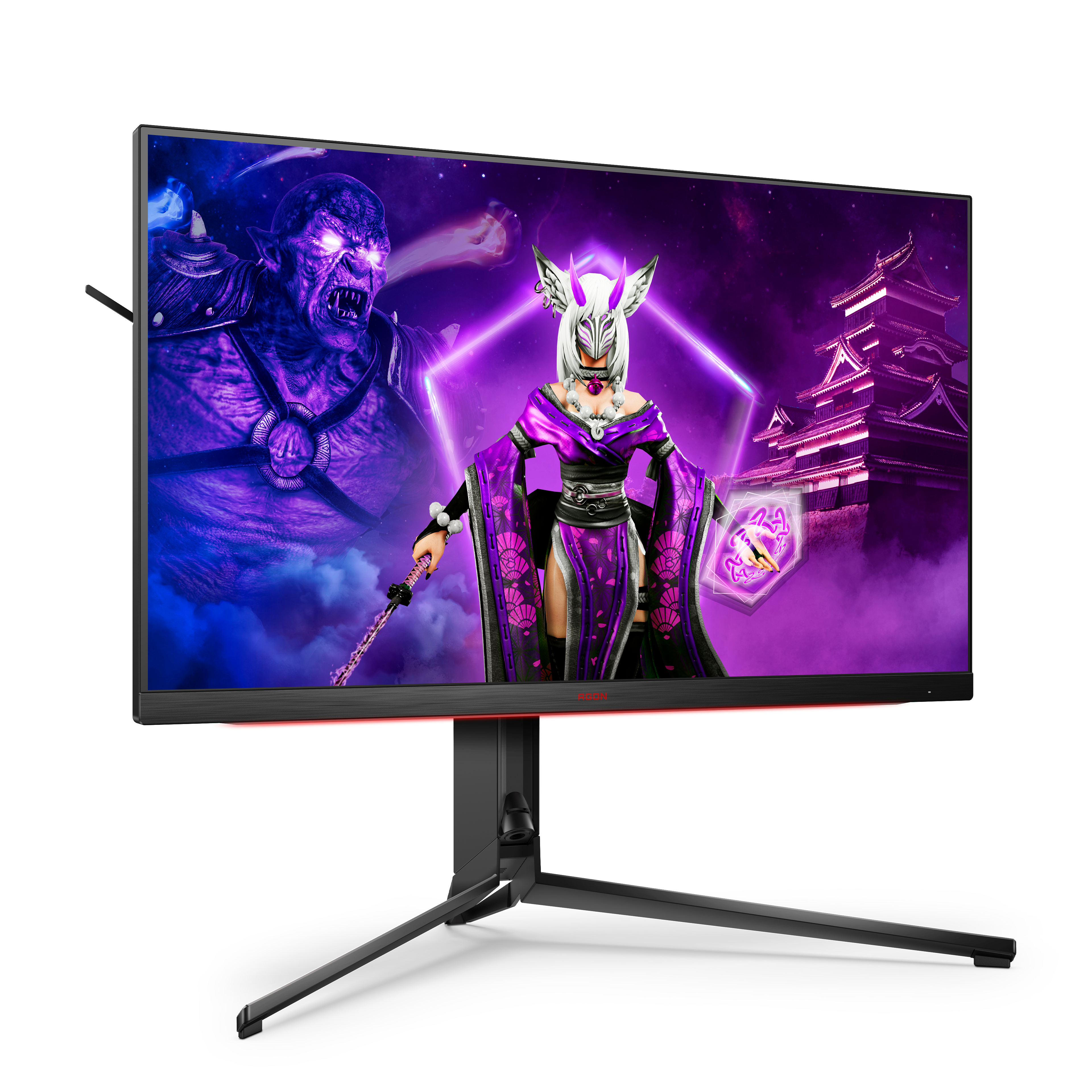 Gaming-Monitor mit Fantasy-Spielszene und schwarzem Ständer.