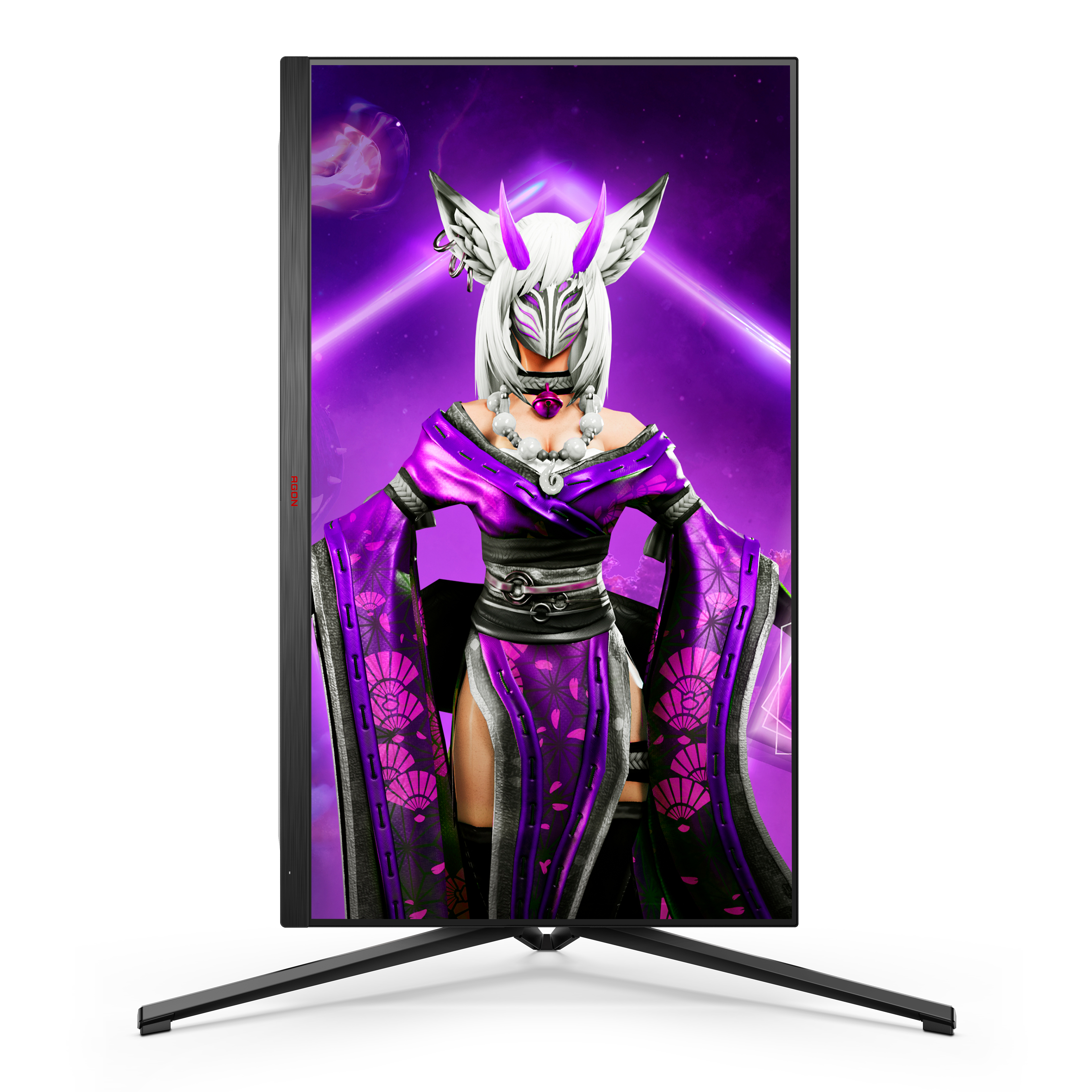 Computermonitor, der eine Frau in einem lila Outfit mit einer Maske zeigt.