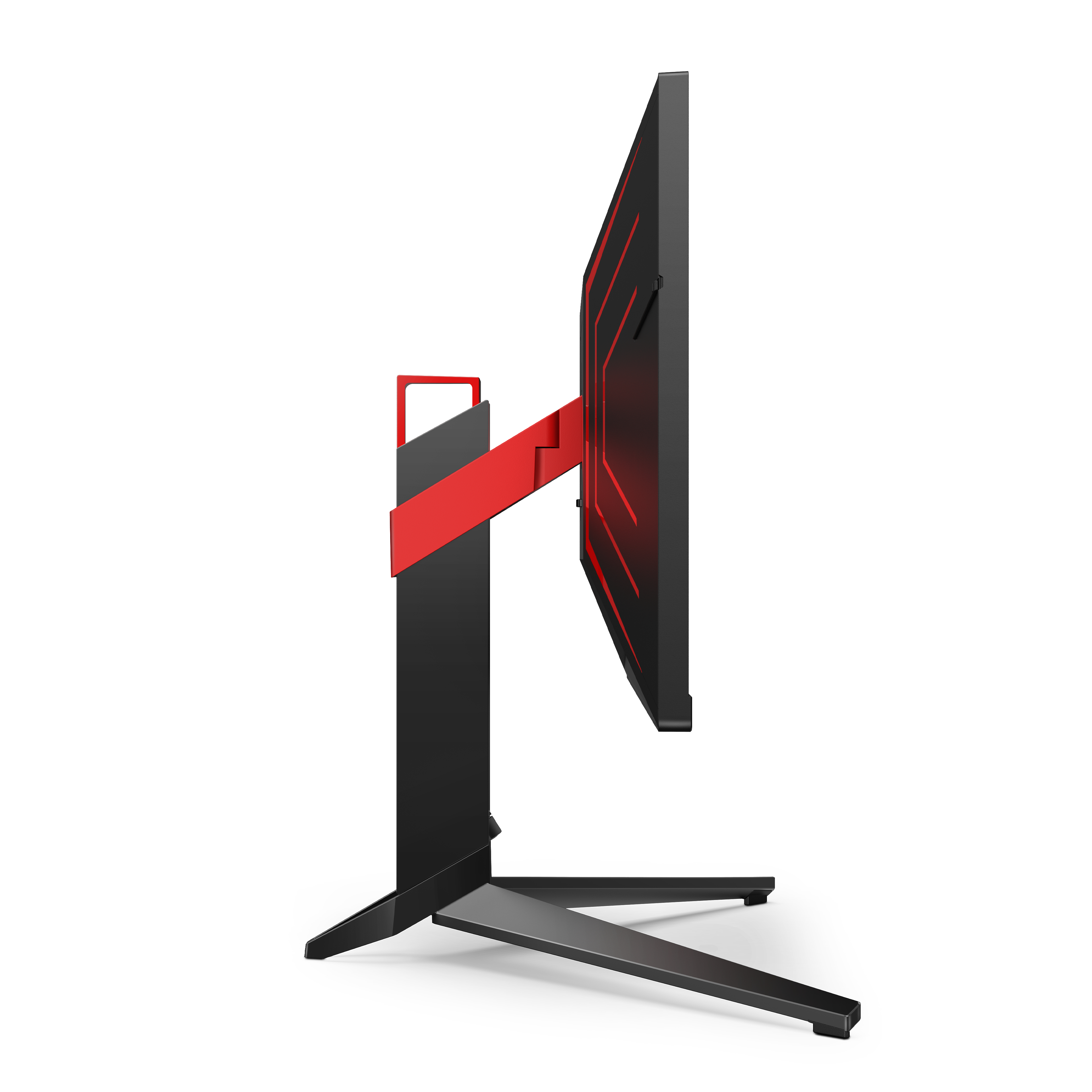 Schwarzer und roter Computermonitor, Seitenansicht, mit rotem Ständer.