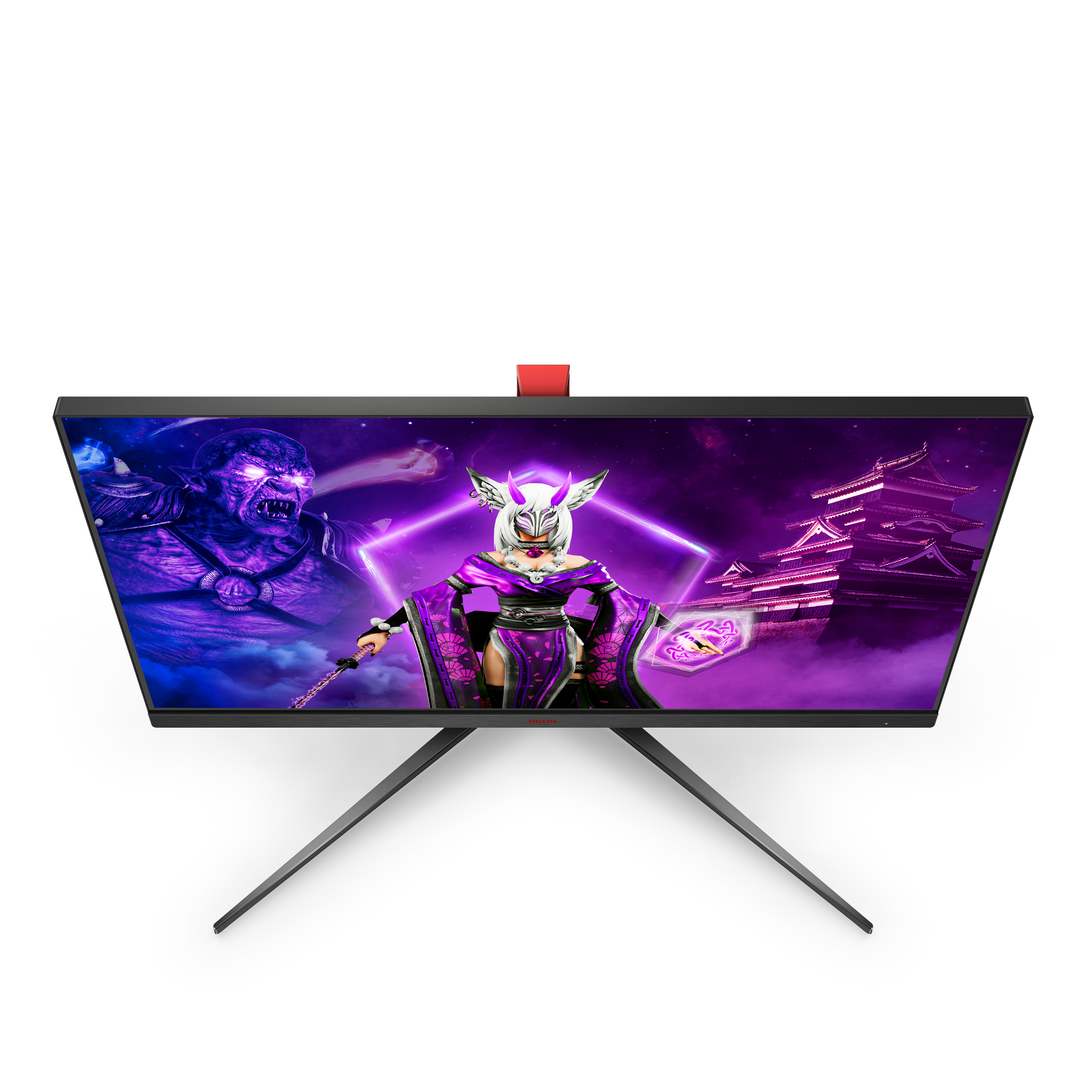 Ein Computermonitor, der eine Fantasieszene mit einem Krieger und einem lila Hintergrund zeigt.