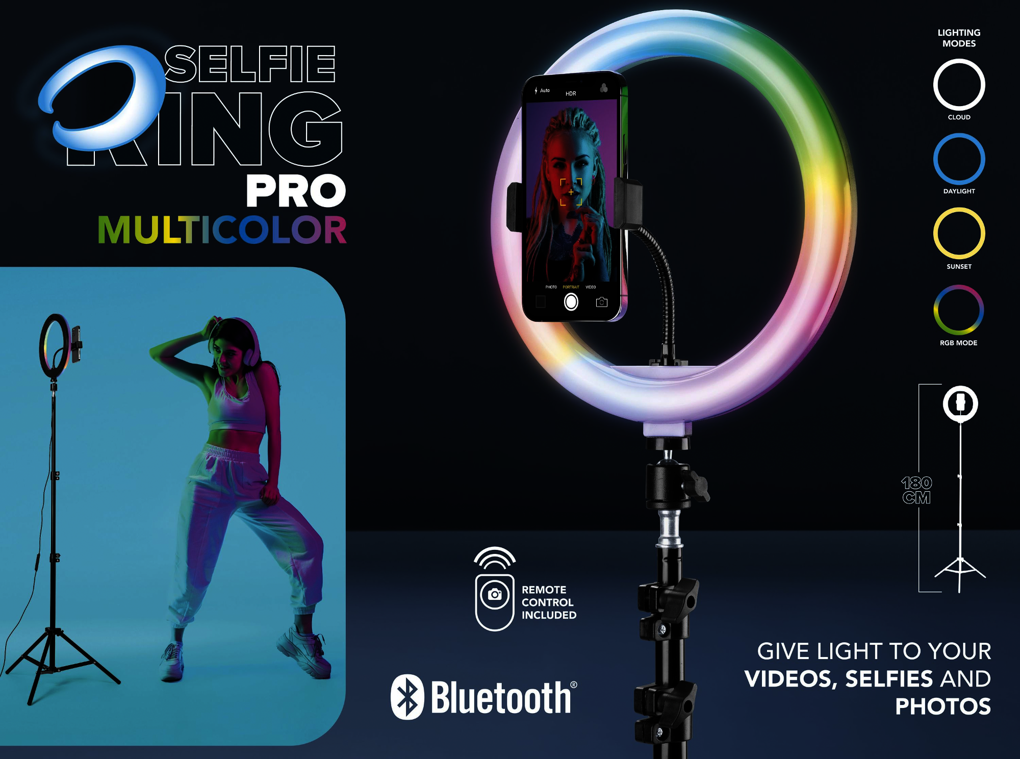 CELLULAR LINE Selfie Ring Pro Multicolor - Anneau lumineux à LED (Multicolore)