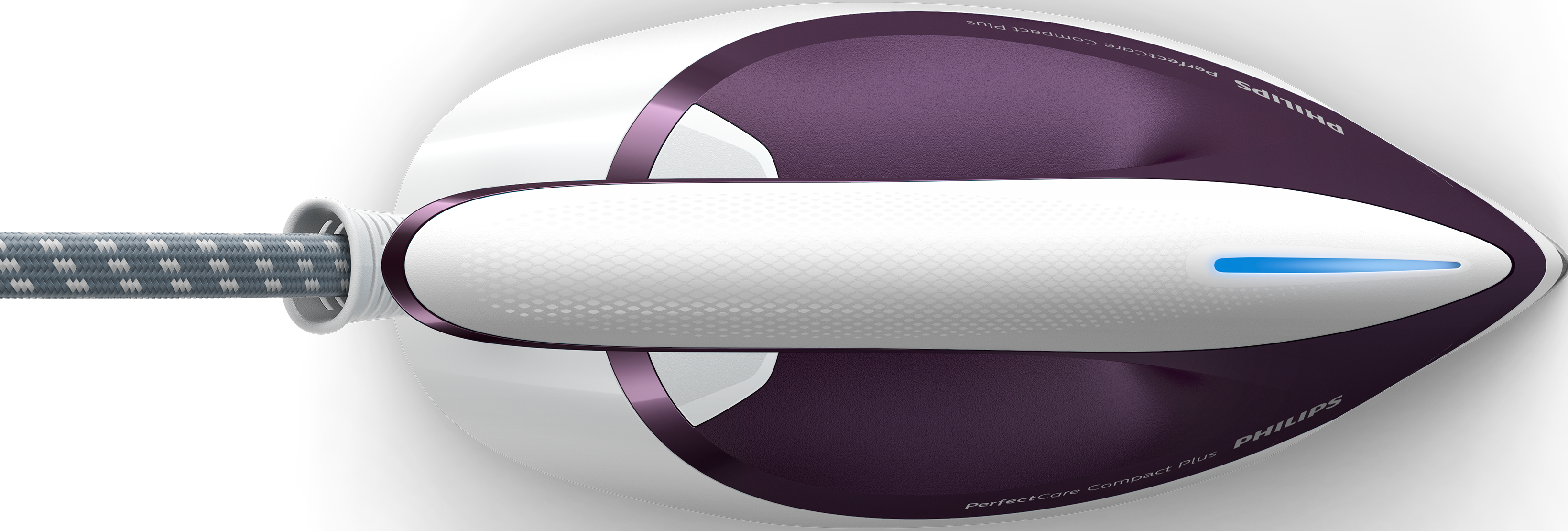 Weißes und violettes Bügeleisen mit langem Kabel. Griff und Vorderseite sind weiß. Schwarzer Hintergrund.