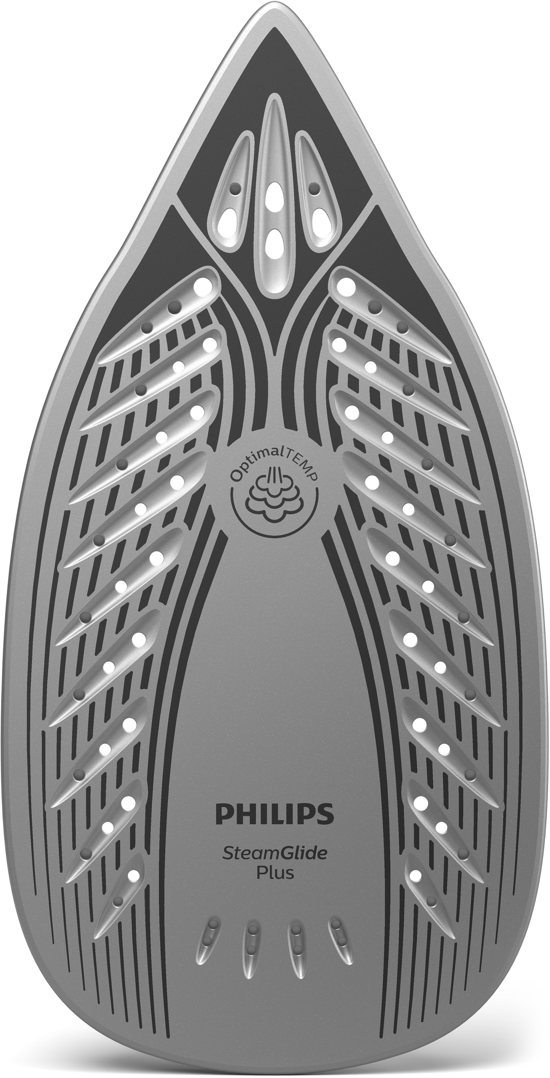 Graue Bügeleisensohle mit Lüftungsschlitzen und dem Logo 'Philips SteamGlide Plus'.