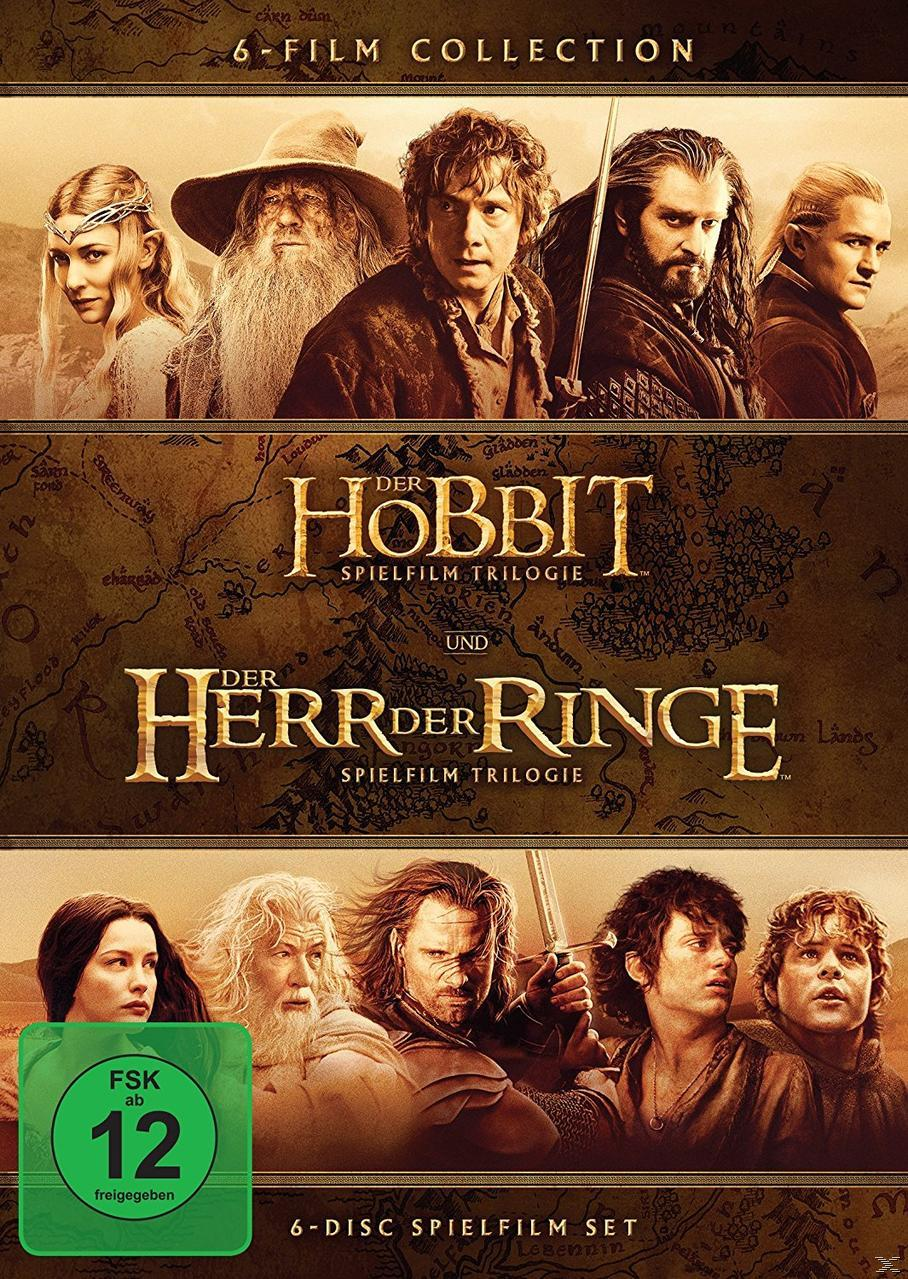 DVD-Box-Set: Zusammenstellung der 'Hobbit'- und 'Herr der Ringe'-Trilogie mit mehreren Charakteren.