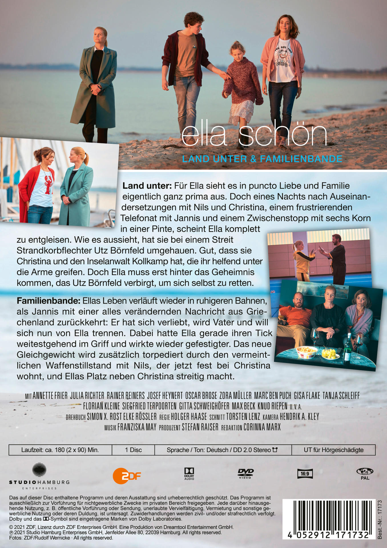 Rückseite einer DVD-Hülle für den Film 'Ella Schön'. Das Cover zeigt Menschen am Strand.