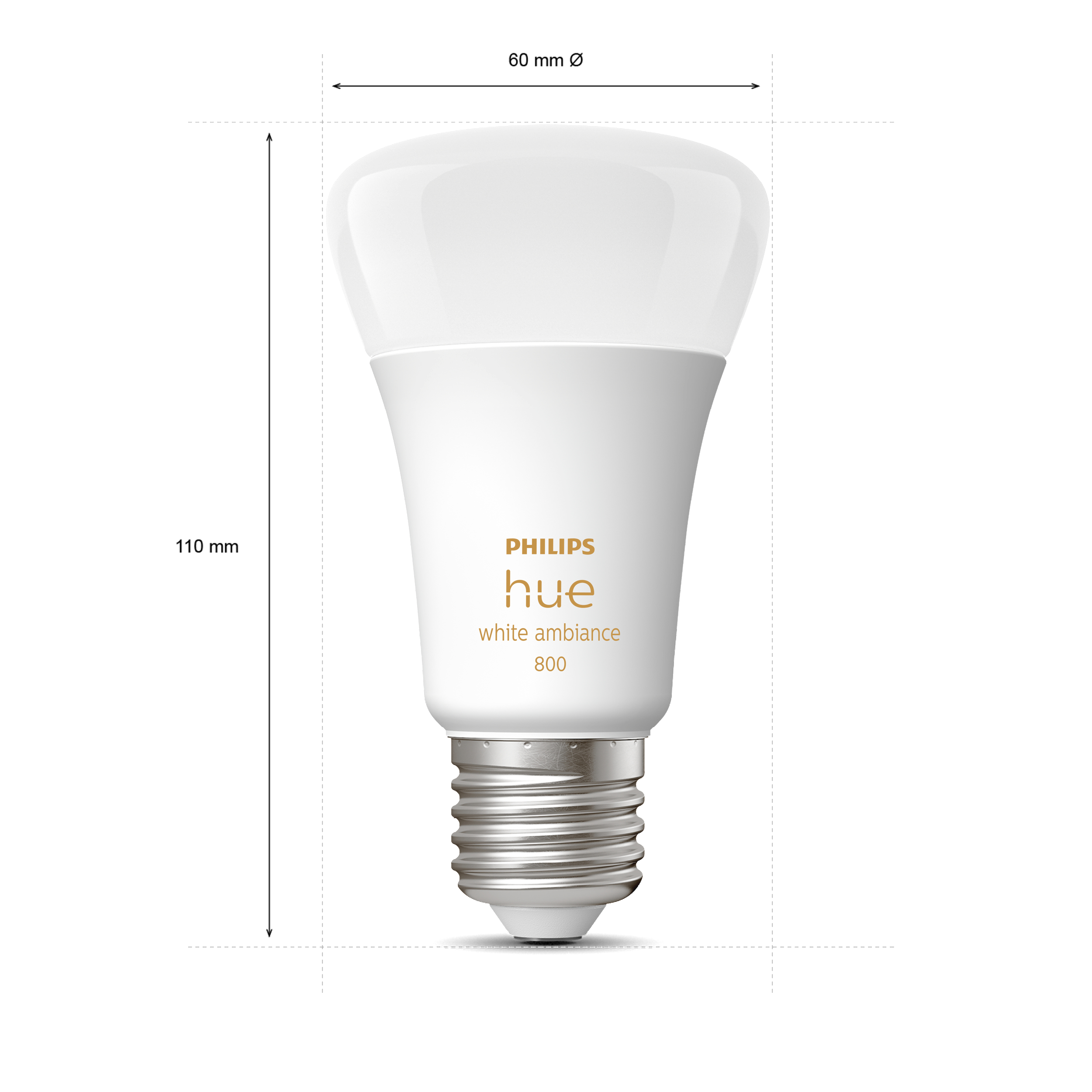 Eine weiße Philips Hue Glühbirne, 110 mm hoch, 60 mm Durchmesser, mit der Aufschrift 'white ambiance 800'.