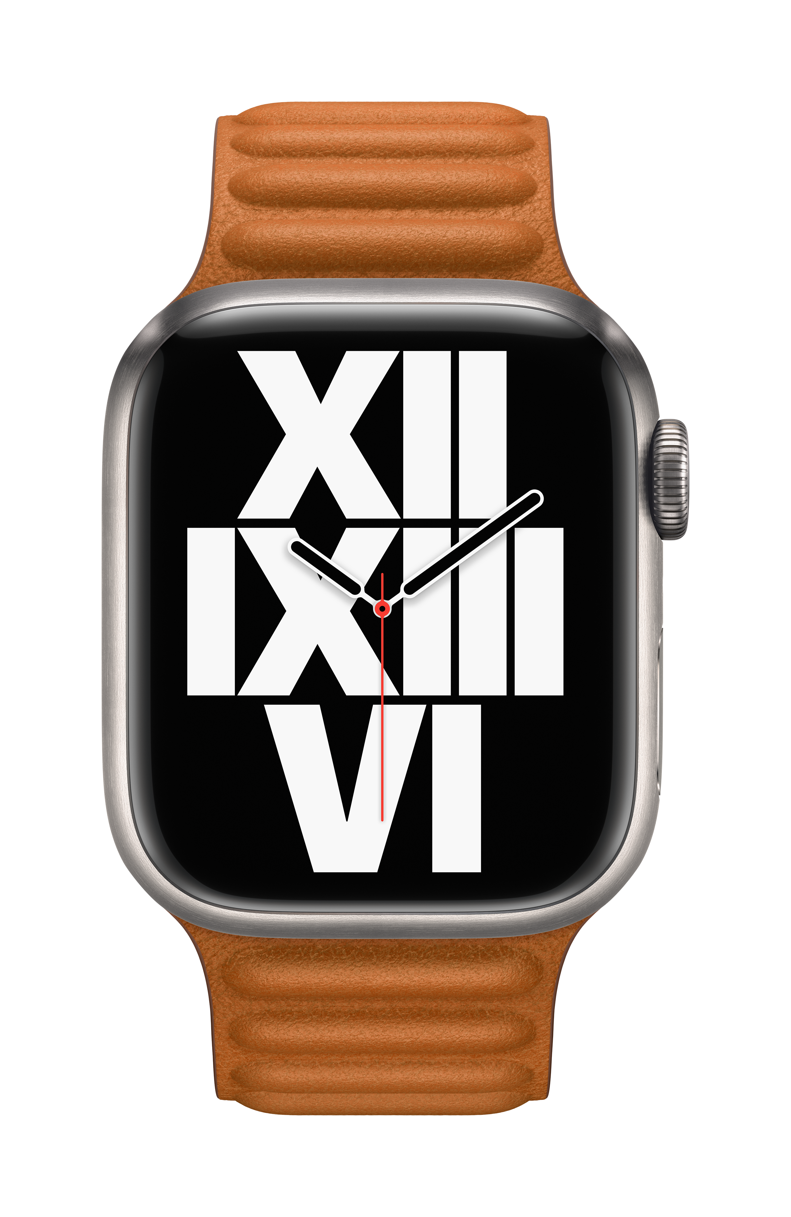 Apple Watch con correa de cuero marrón. La esfera muestra los números XII, VI y la hora.