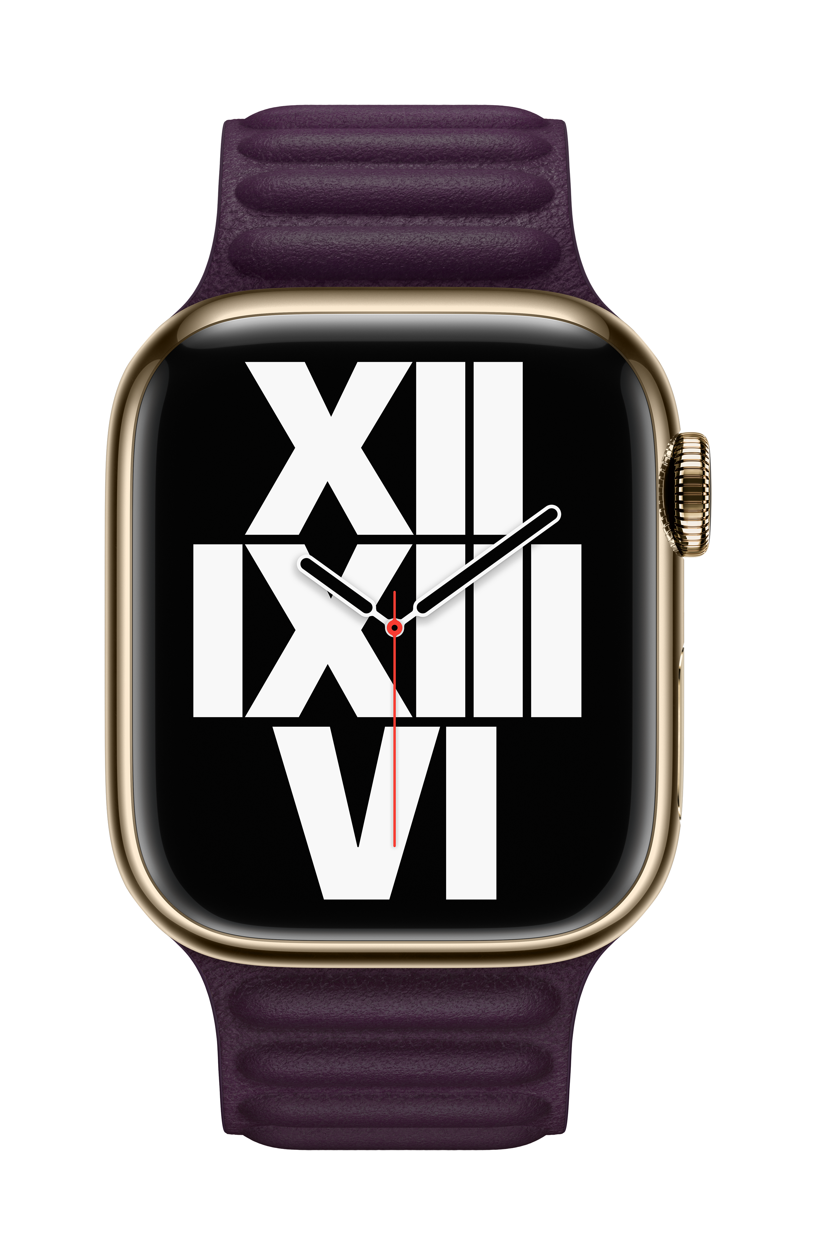 Apple Watch con caja dorada y correa morada oscura. La esfera muestra grandes números romanos blancos.