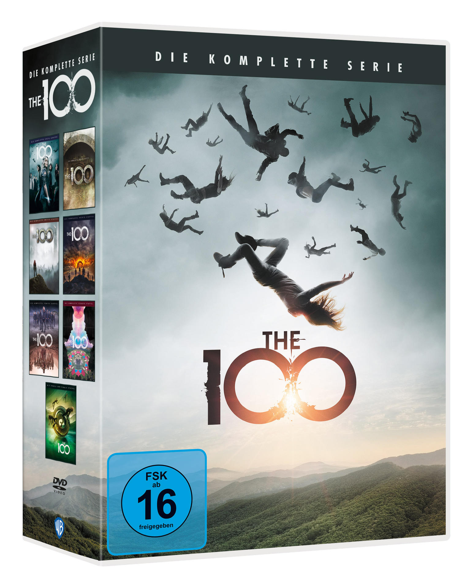 Box-Set der DVD-Serie 'The 100'. Menschen fallen vor Bergen und Sonnenuntergang.