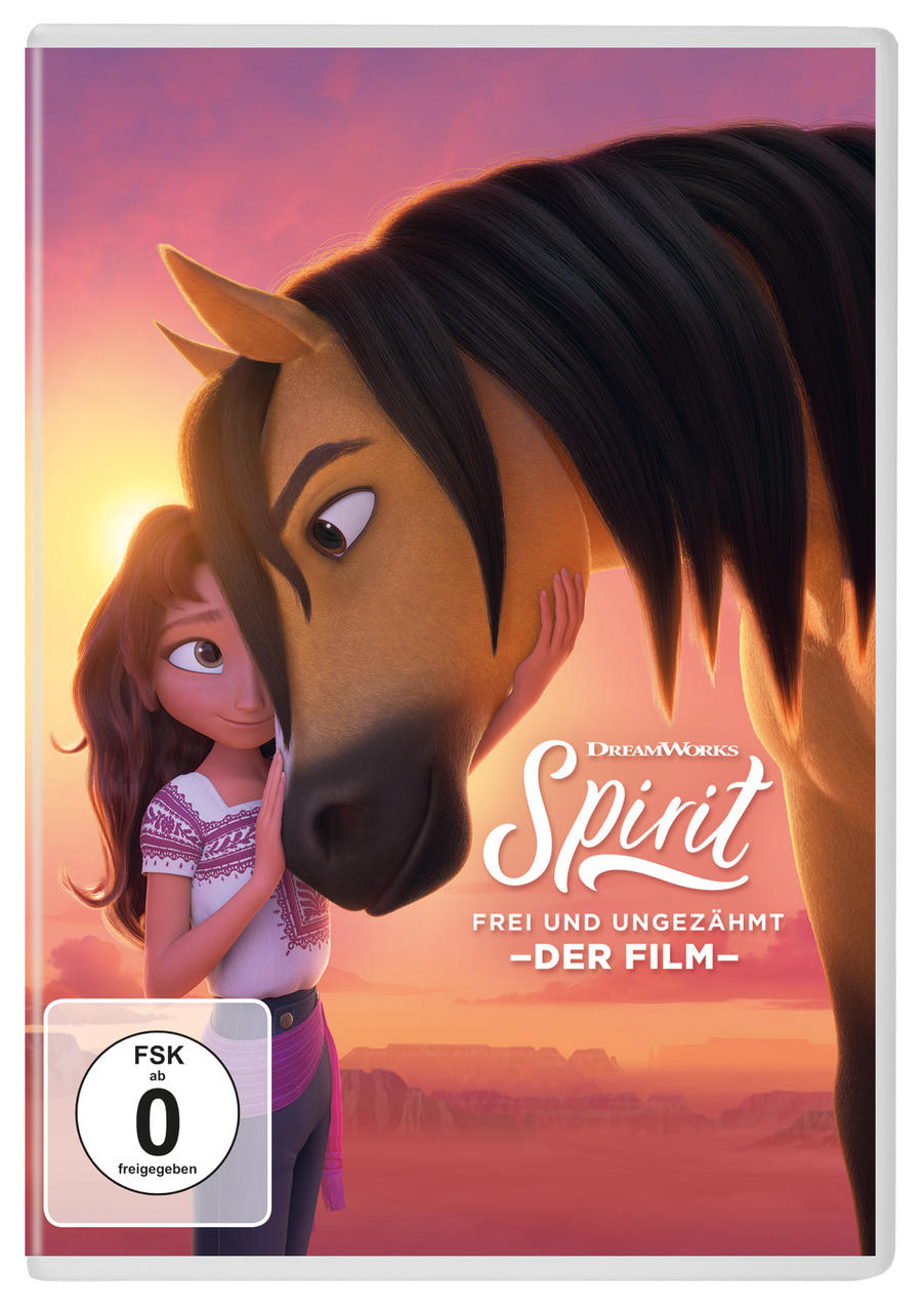 DVD-Cover von Spirit. Ein Mädchen umarmt ein Pferd. Der Titel und ein Sonnenuntergang sind sichtbar.