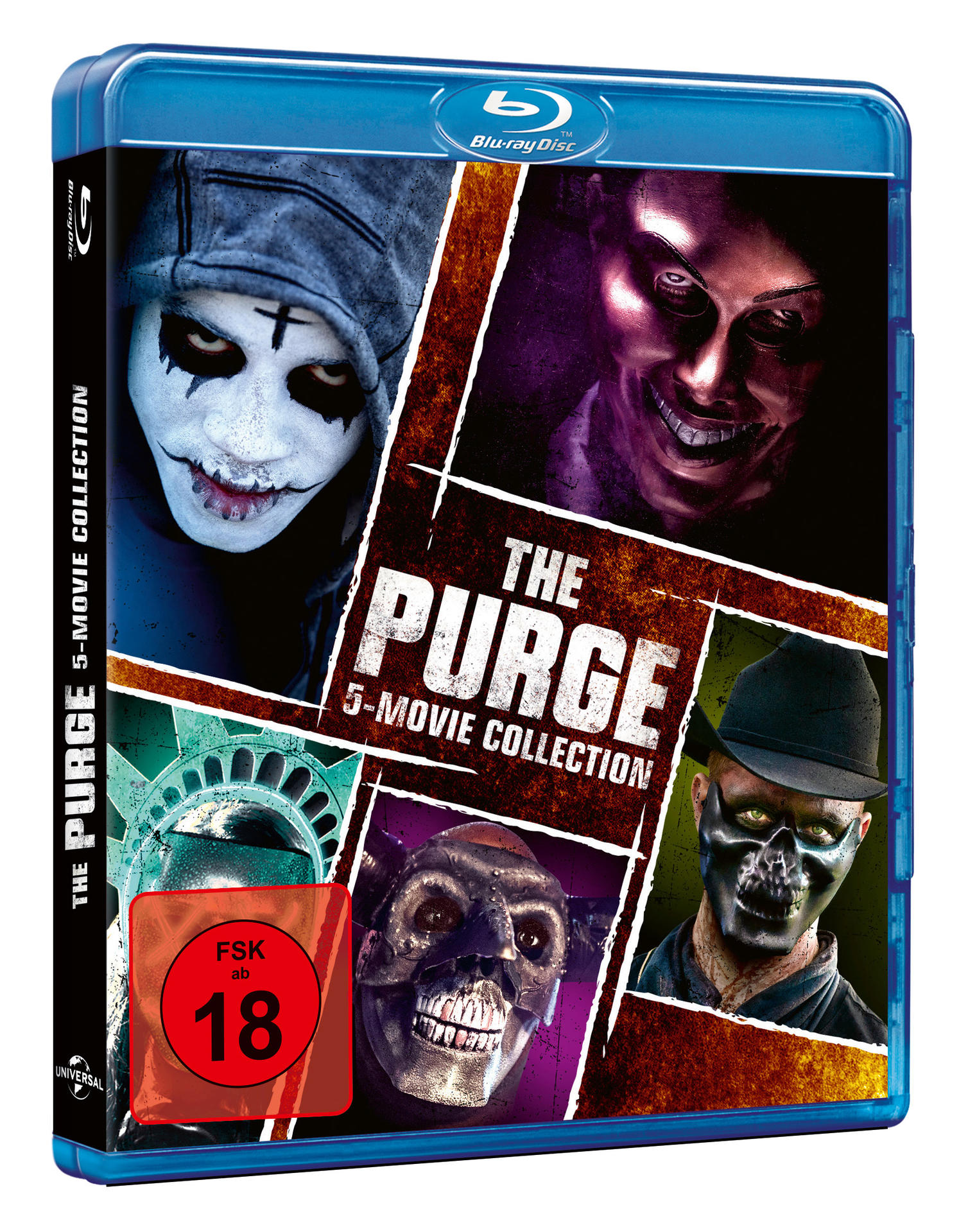 Blu-ray-Hülle mit mehreren Bildern maskierter Charaktere, Filmtitel in Weiß.