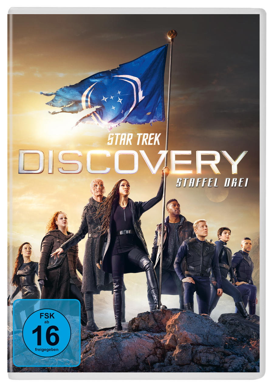 Star Trek Discovery DVD-Cover. Ein Team von Leuten, die eine Flagge auf einem Berg halten.