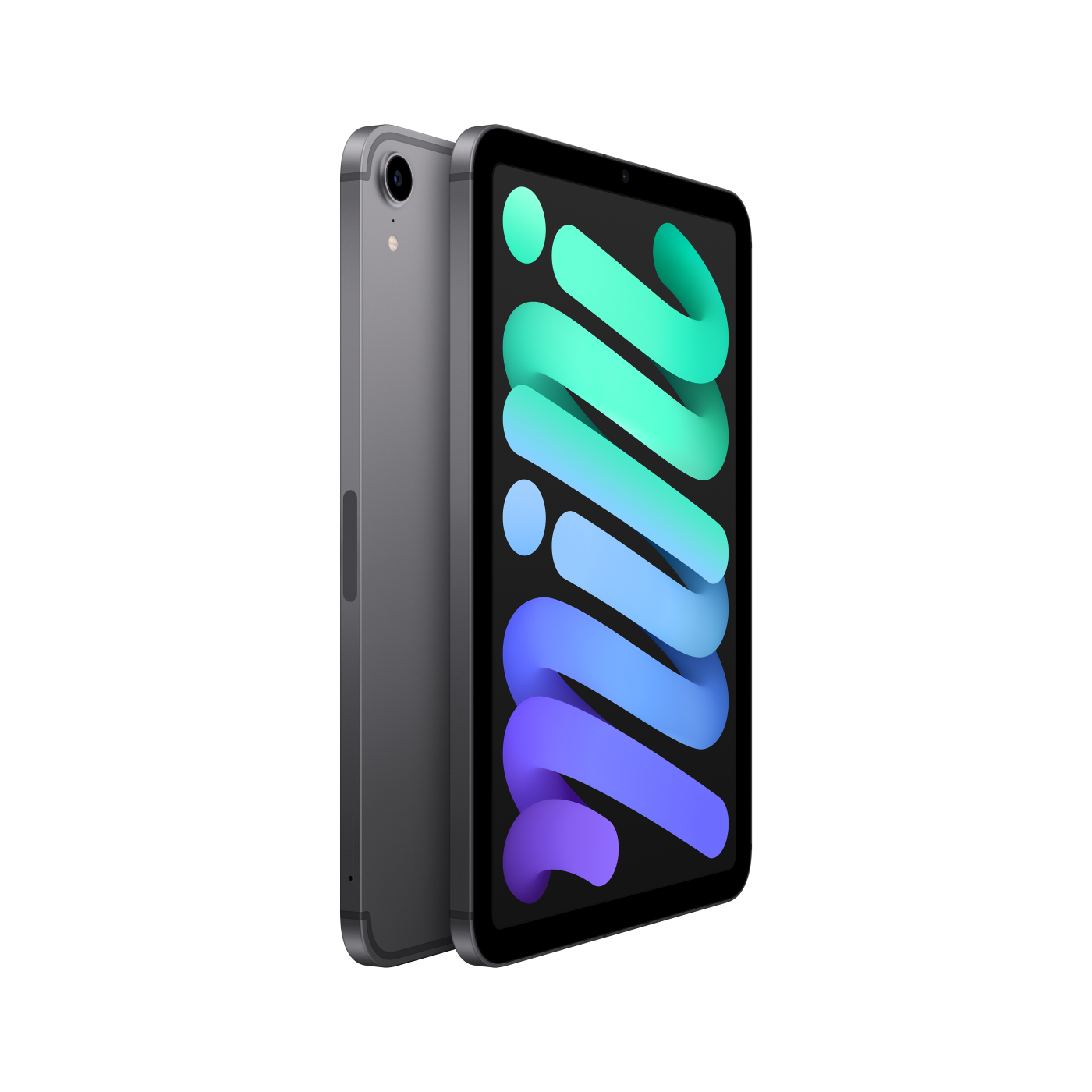 Koyu gri bir iPad Mini. Arka görünüm görülebilir ve ön kısımda renkli bir ekran görüntülenir.