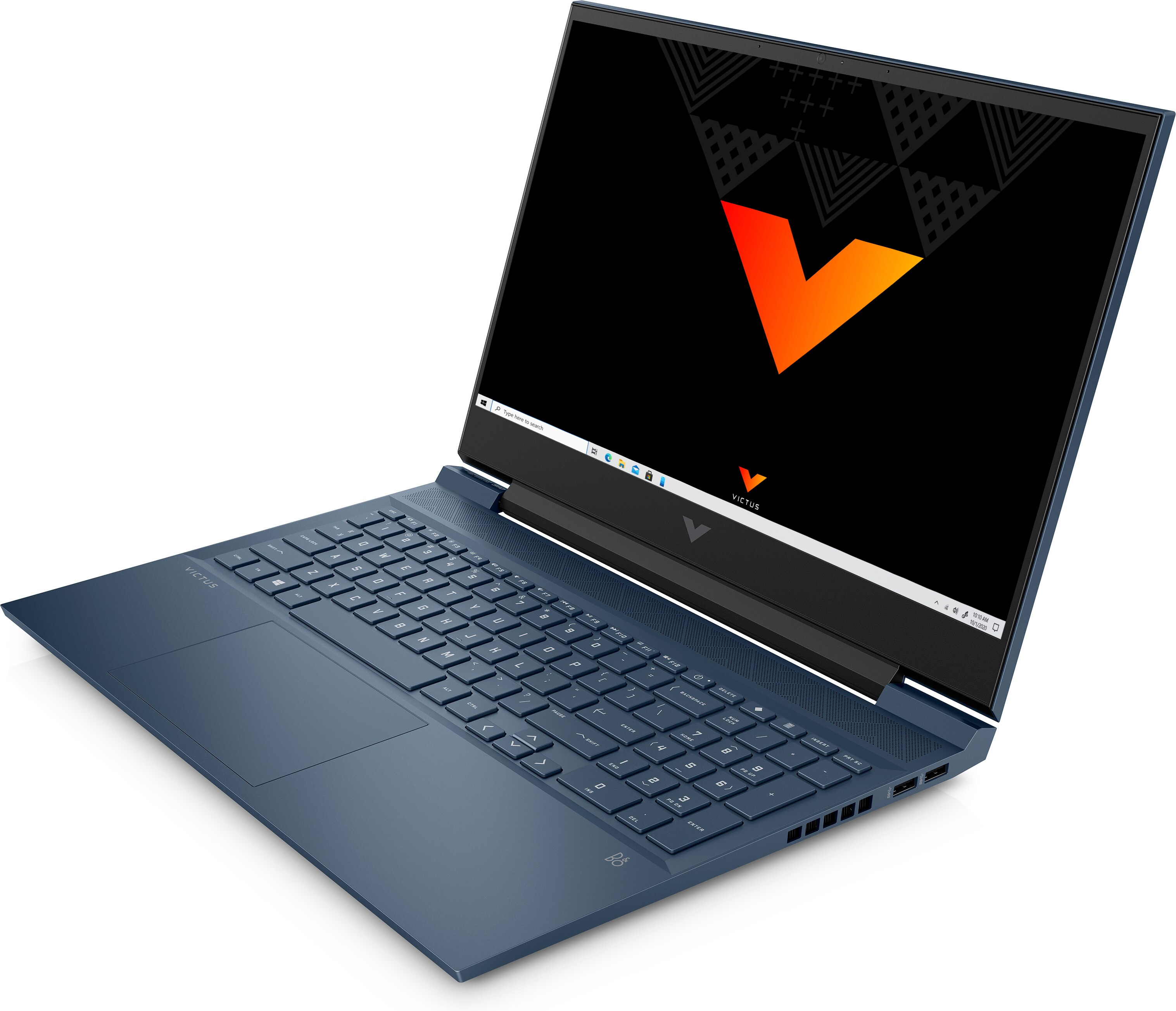 Ordenador portátil azul con el logotipo Victus en la pantalla, vista en ángulo.