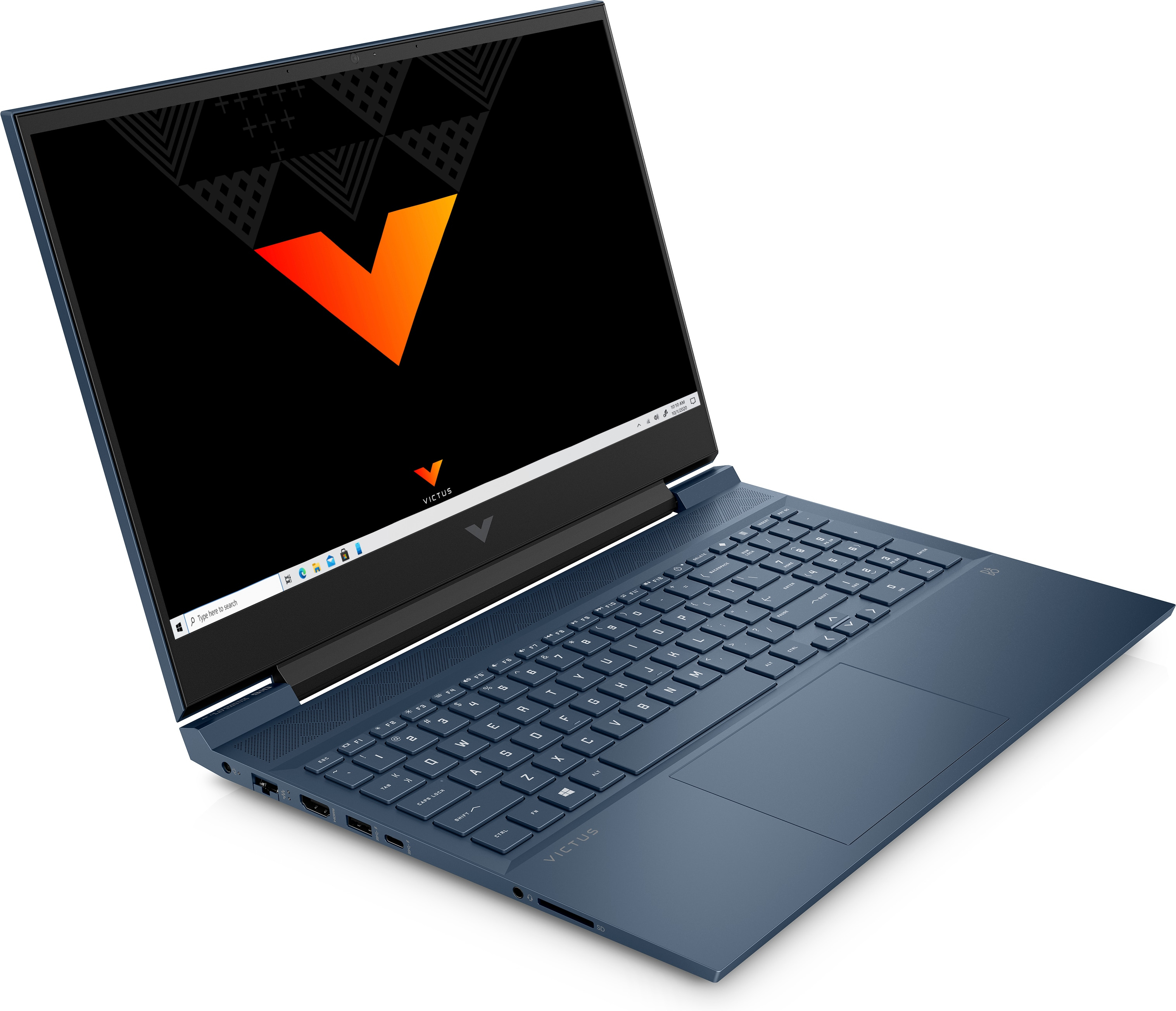 Ordenador portátil azul con pantalla negra y logo Victus.