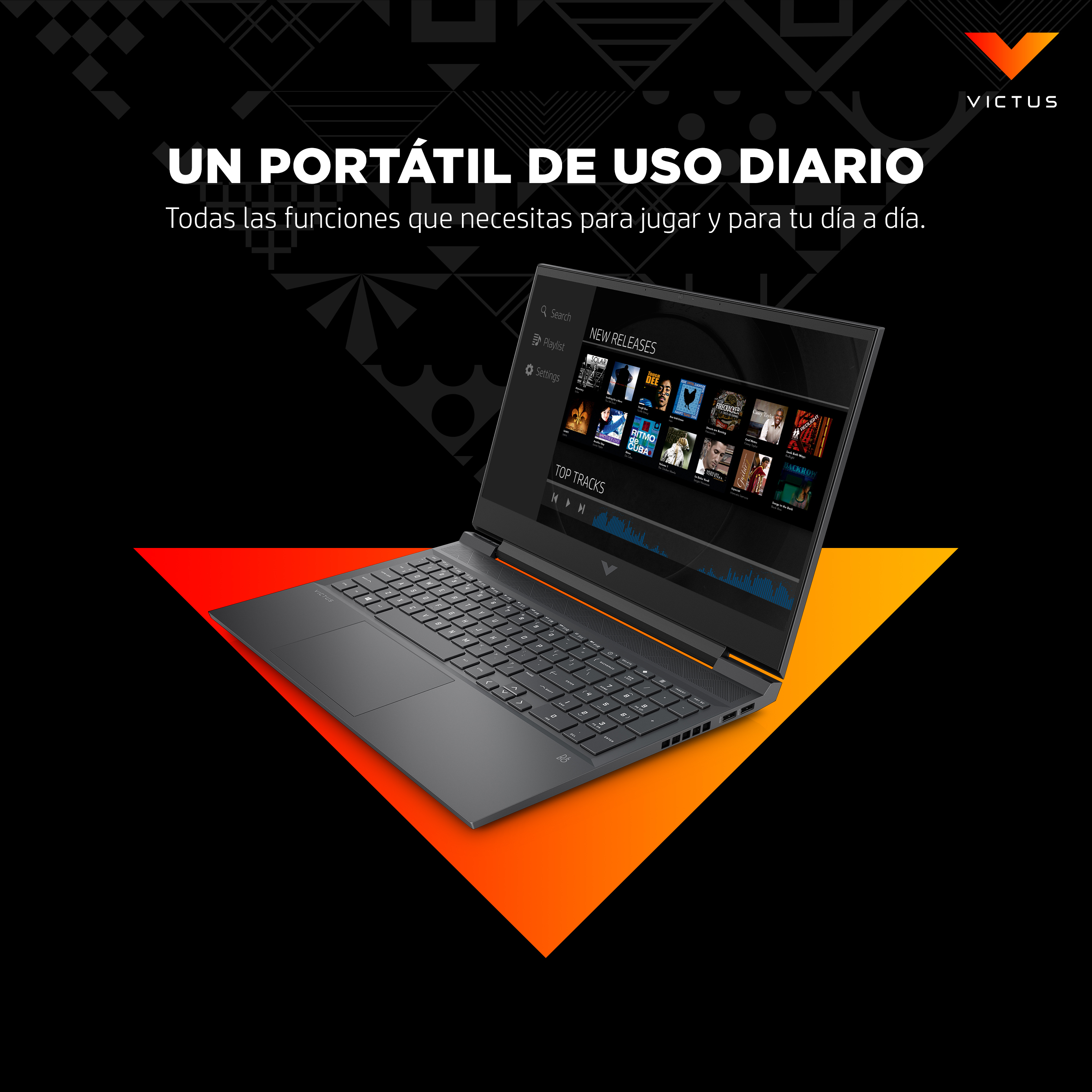 Ordenador portátil sobre un triángulo, con texto, fondo oscuro y diseño colorido.