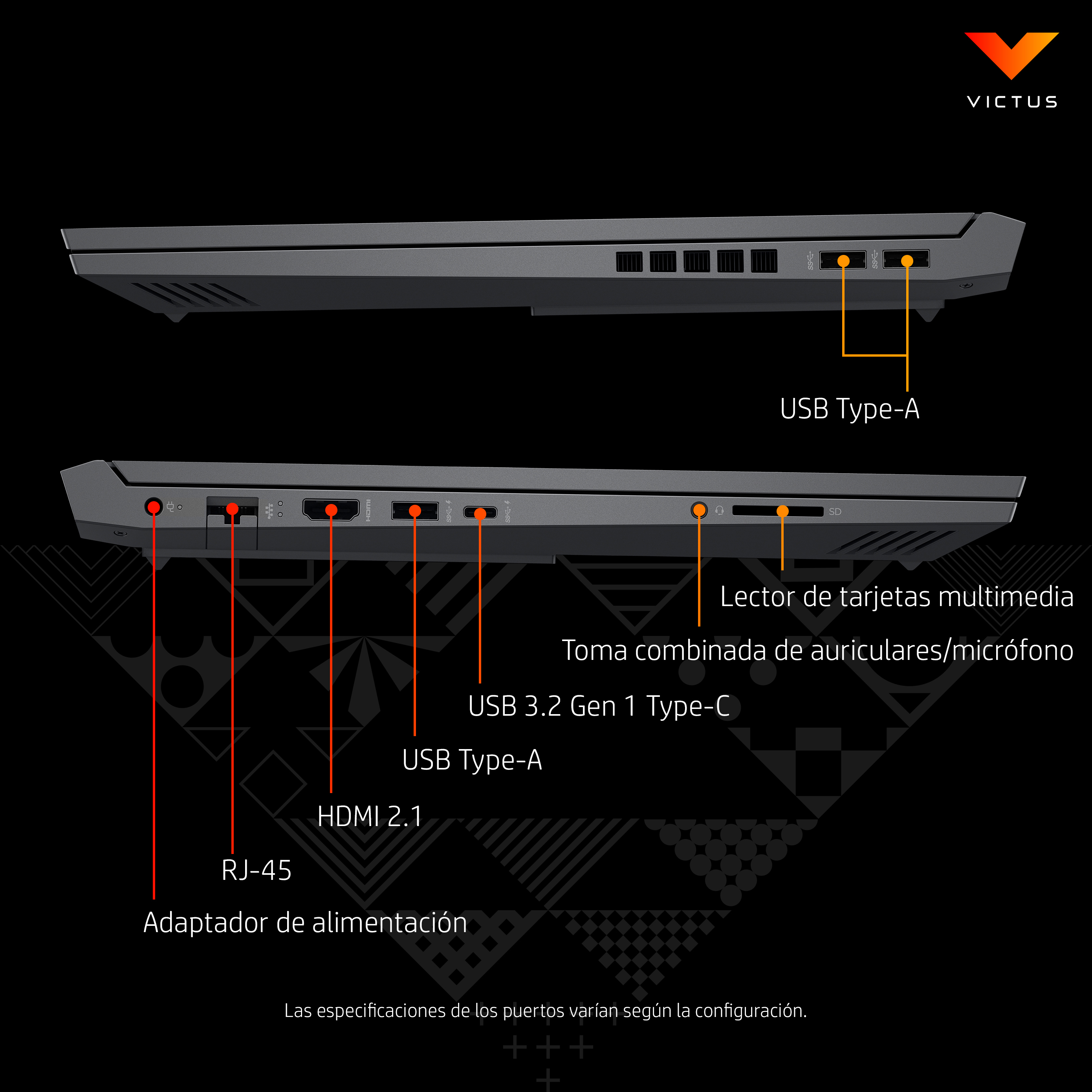 Vista lateral de portátil con puertos: USB, HDMI, alimentación y lector de tarjetas.