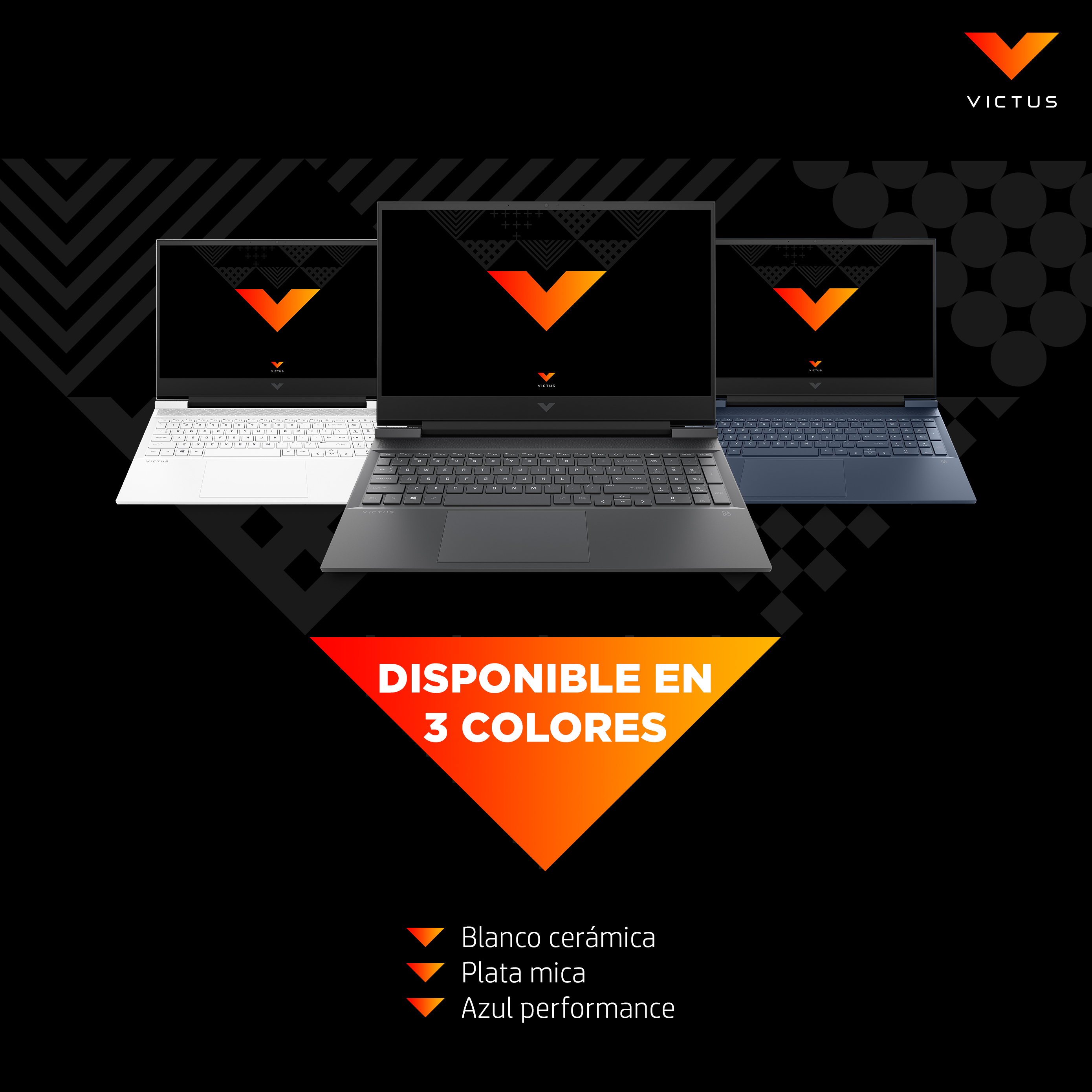 Tres portátiles Victus en blanco, negro y azul, con un triángulo naranja y texto debajo.