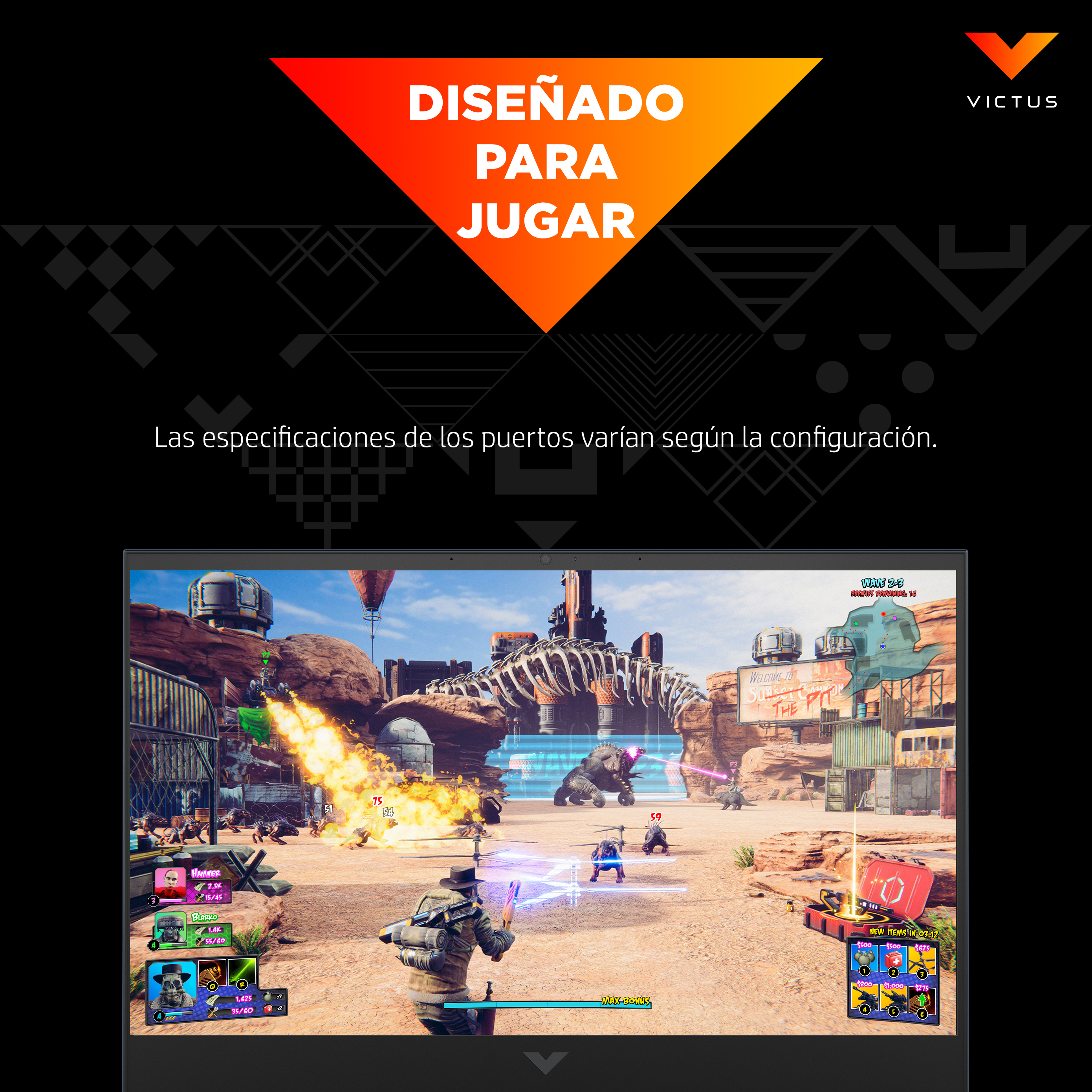 Una pantalla de portátil que muestra un videojuego con una escena desértica, con el texto 'Diseñado Para Jugar'.