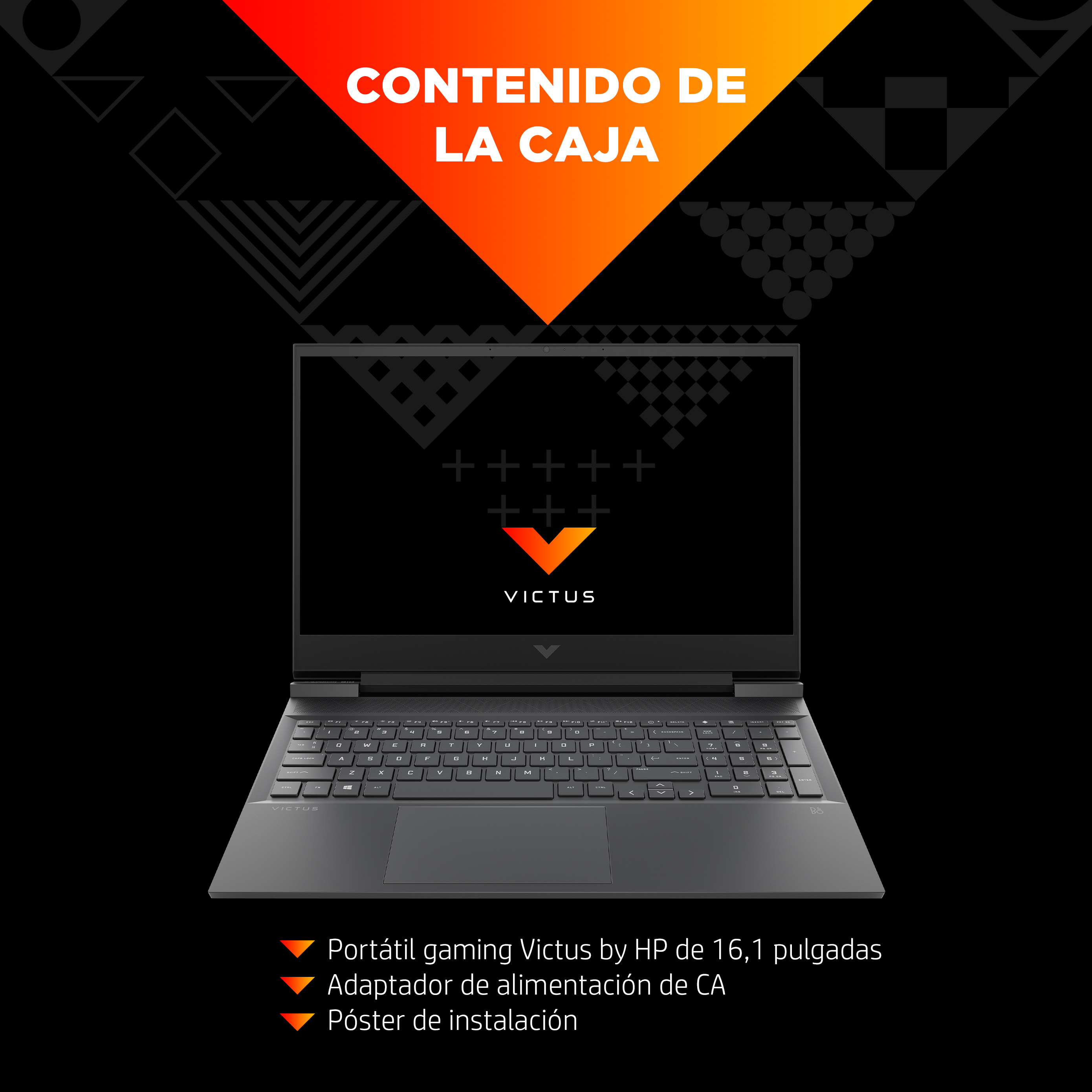 Ordenador portátil con logotipo Victus y una caja con el contenido del paquete.