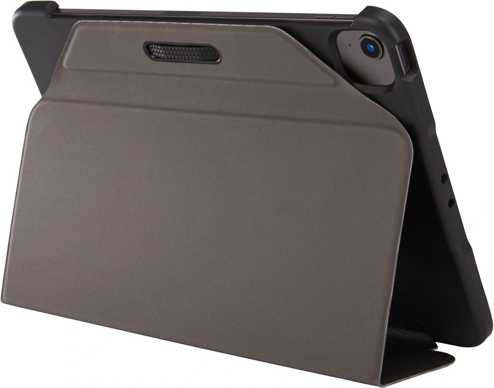Gray tablet in a case, angled to display the screen.