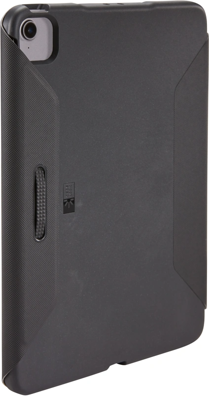 A black tablet case with a textured spine is displayed against a white background.